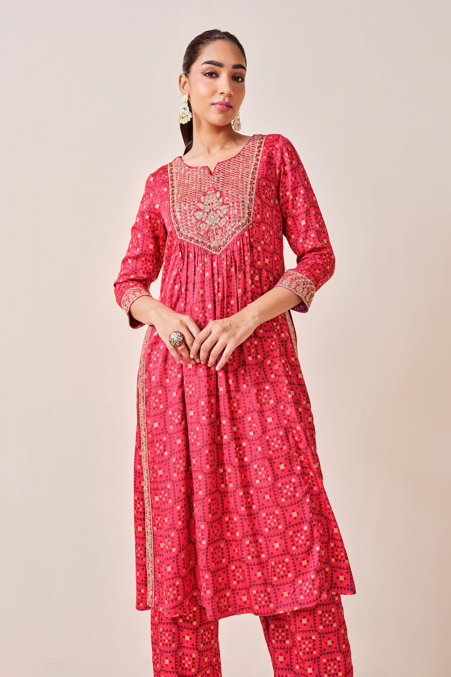 Red India-Inspired Print Viscose Kurta Set, Red, image 9