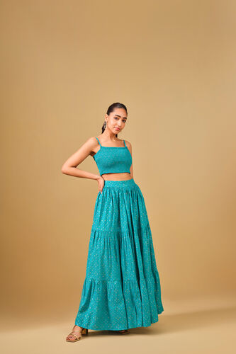 Bandhani Inspired Blue Viscose Skirt Set, Aqua, image 2