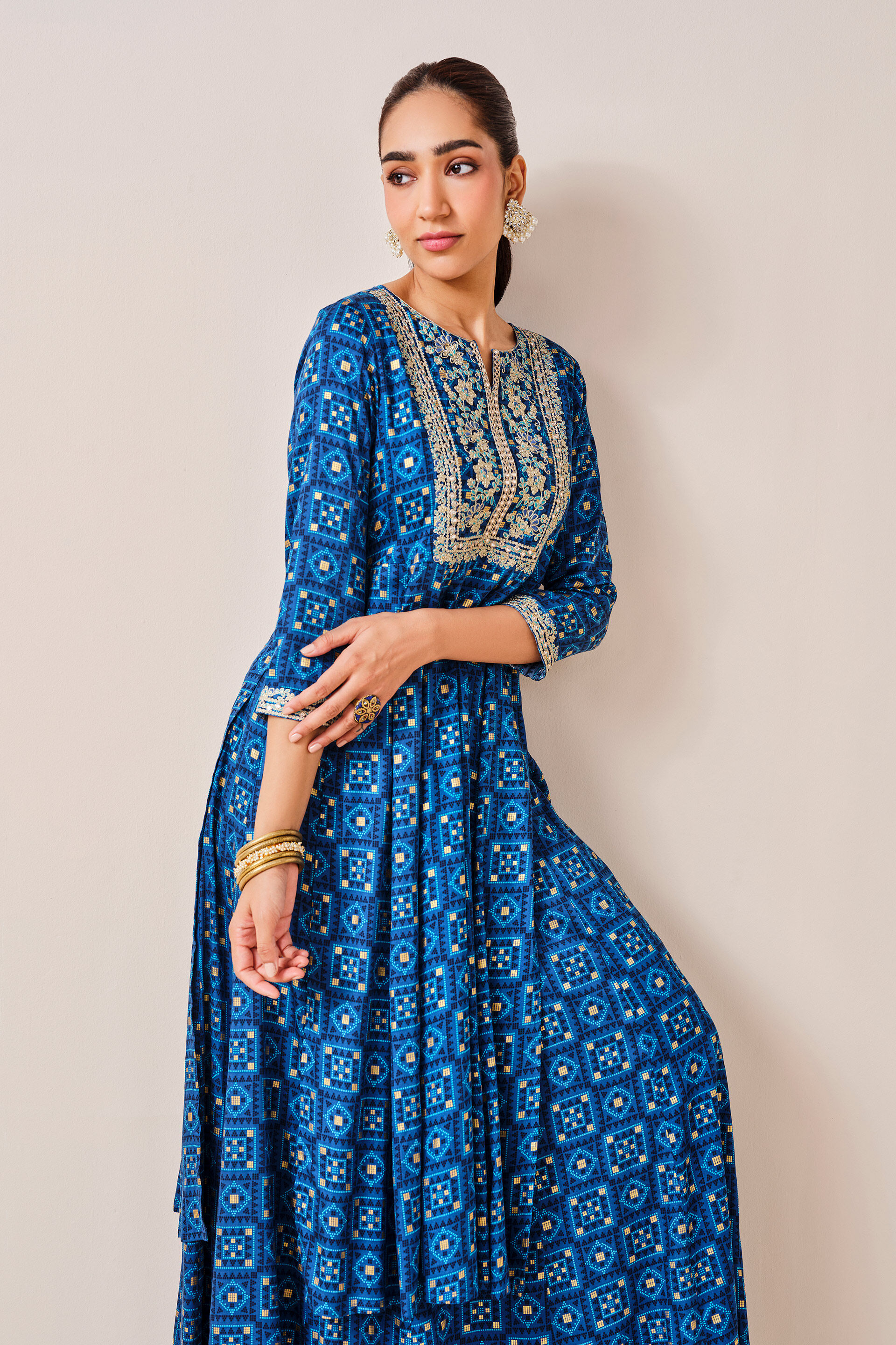 Blue embroidered Kurta - Skirt Set, Blue, image 8