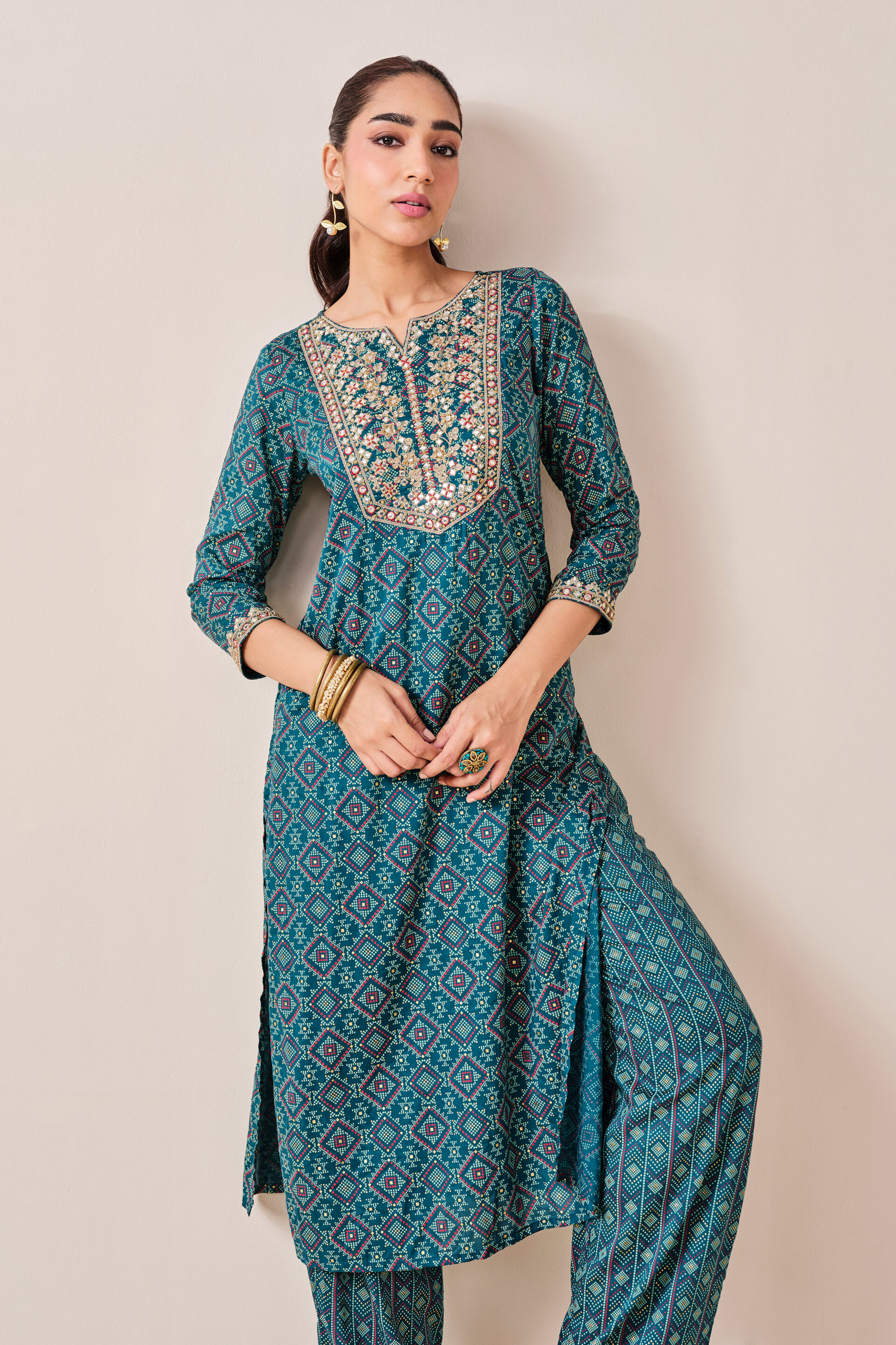 Teal Embroidered Viscose Kurta Set, Teal, image 6