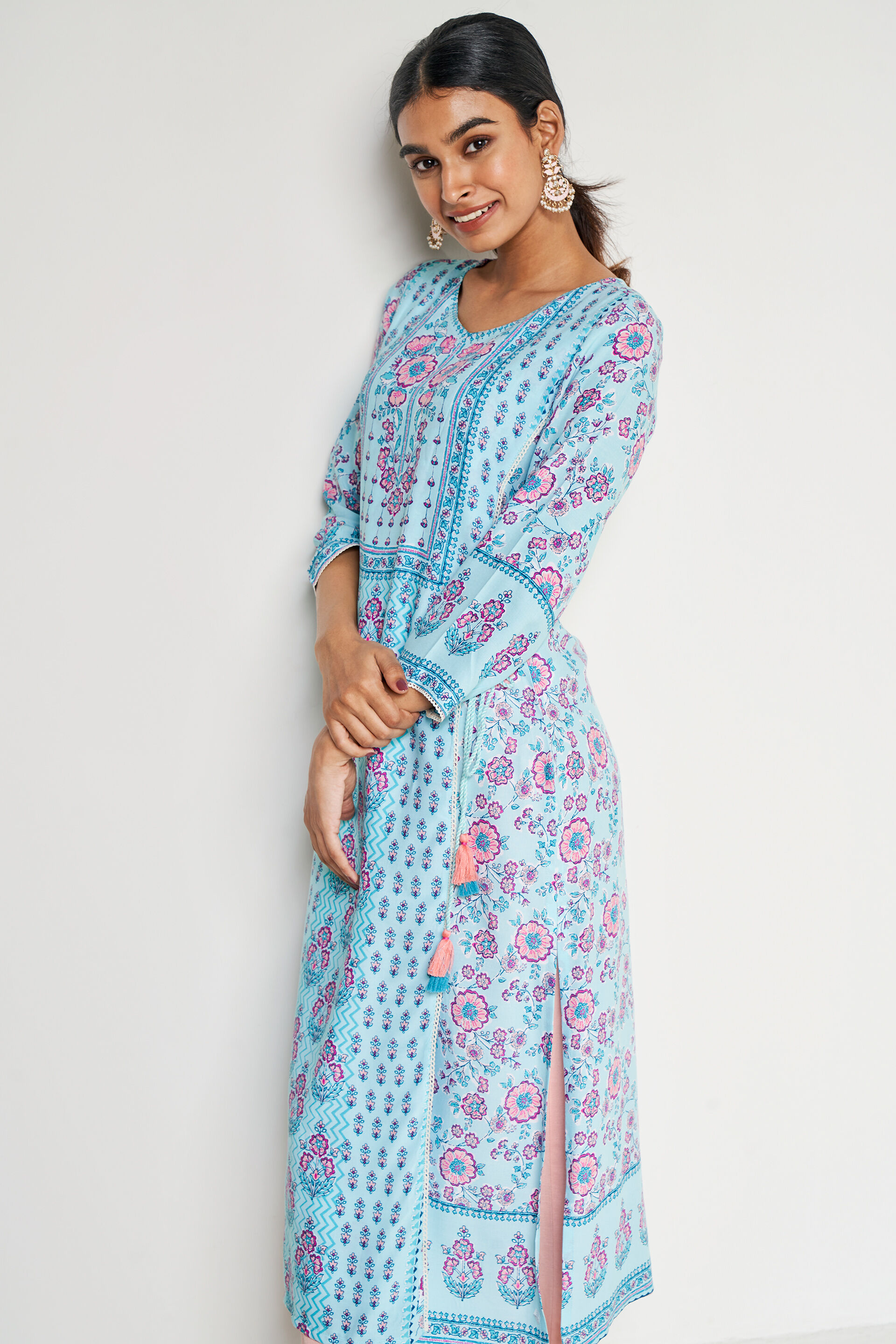 Buy Aqua Floral Straight Kurta Online at Best Price at Global Desi