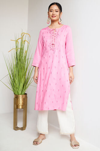 Solid Embroidered Straight Kurta, Pink, image 2