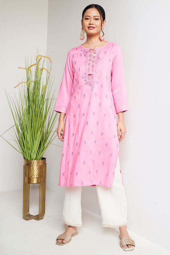 Solid Embroidered Straight Kurta, Pink, image 2
