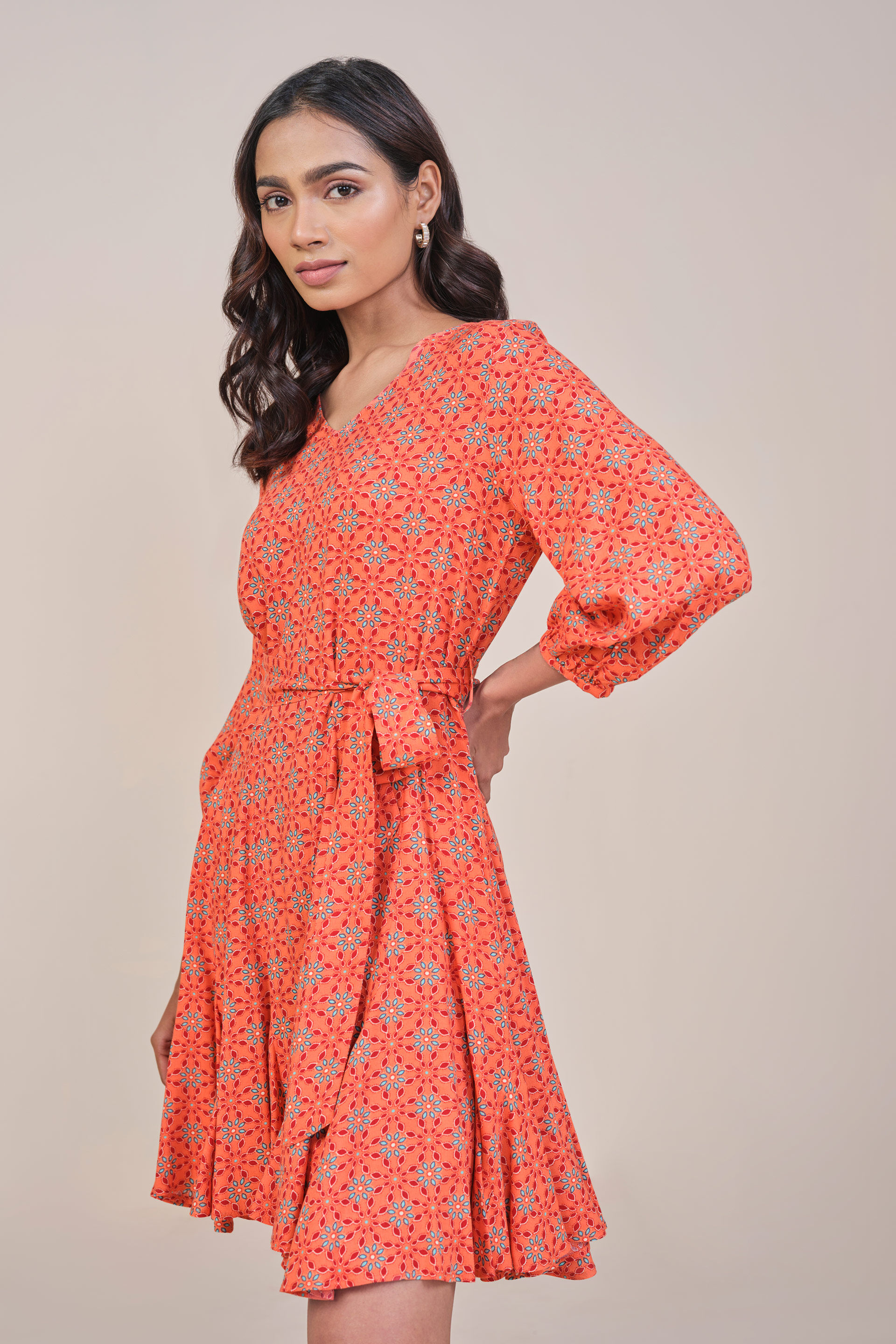 Orange Printed Godet Dress, Orange, image 3