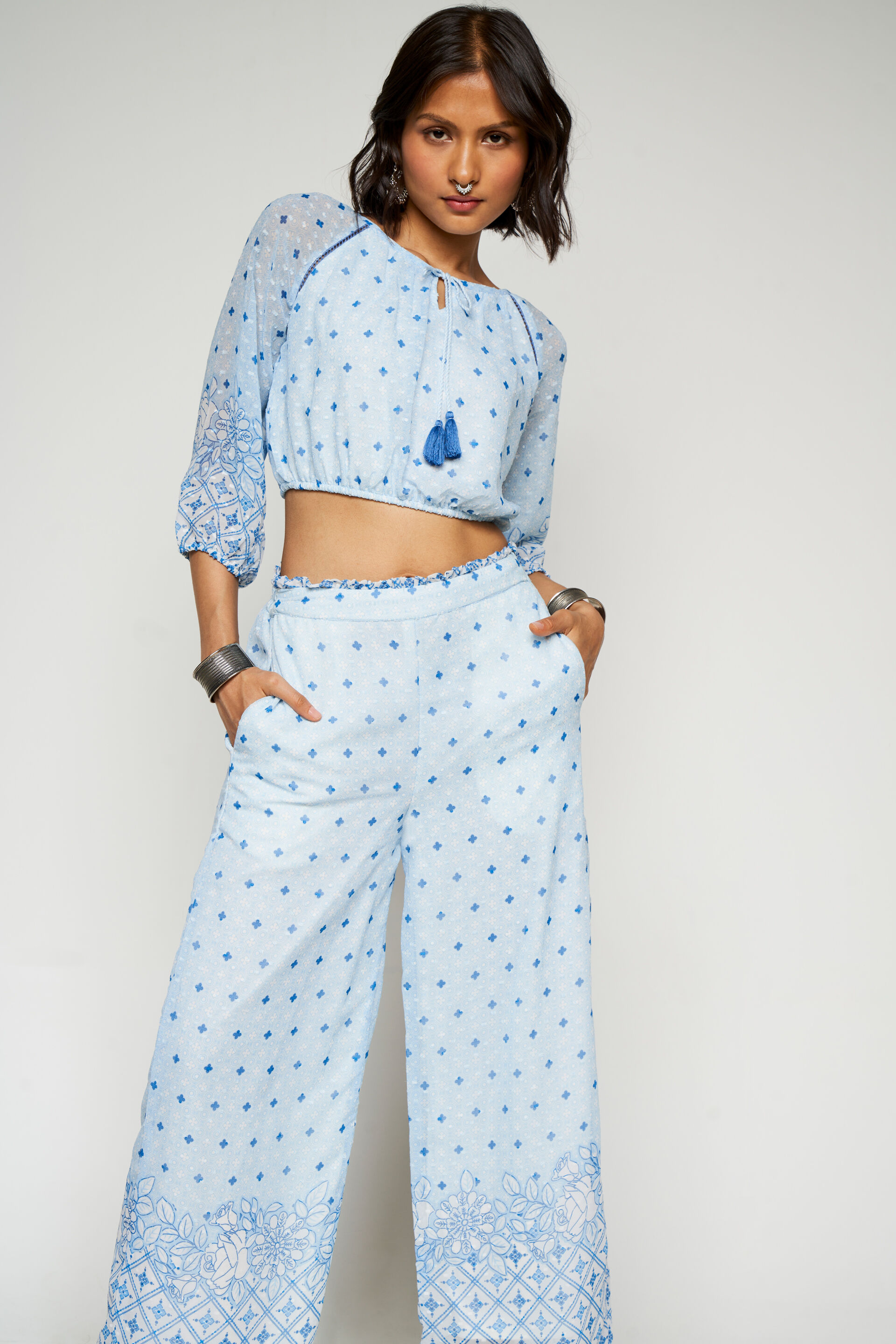 Light Blue Geometric Lace Cropped Set, Light Blue, image 3