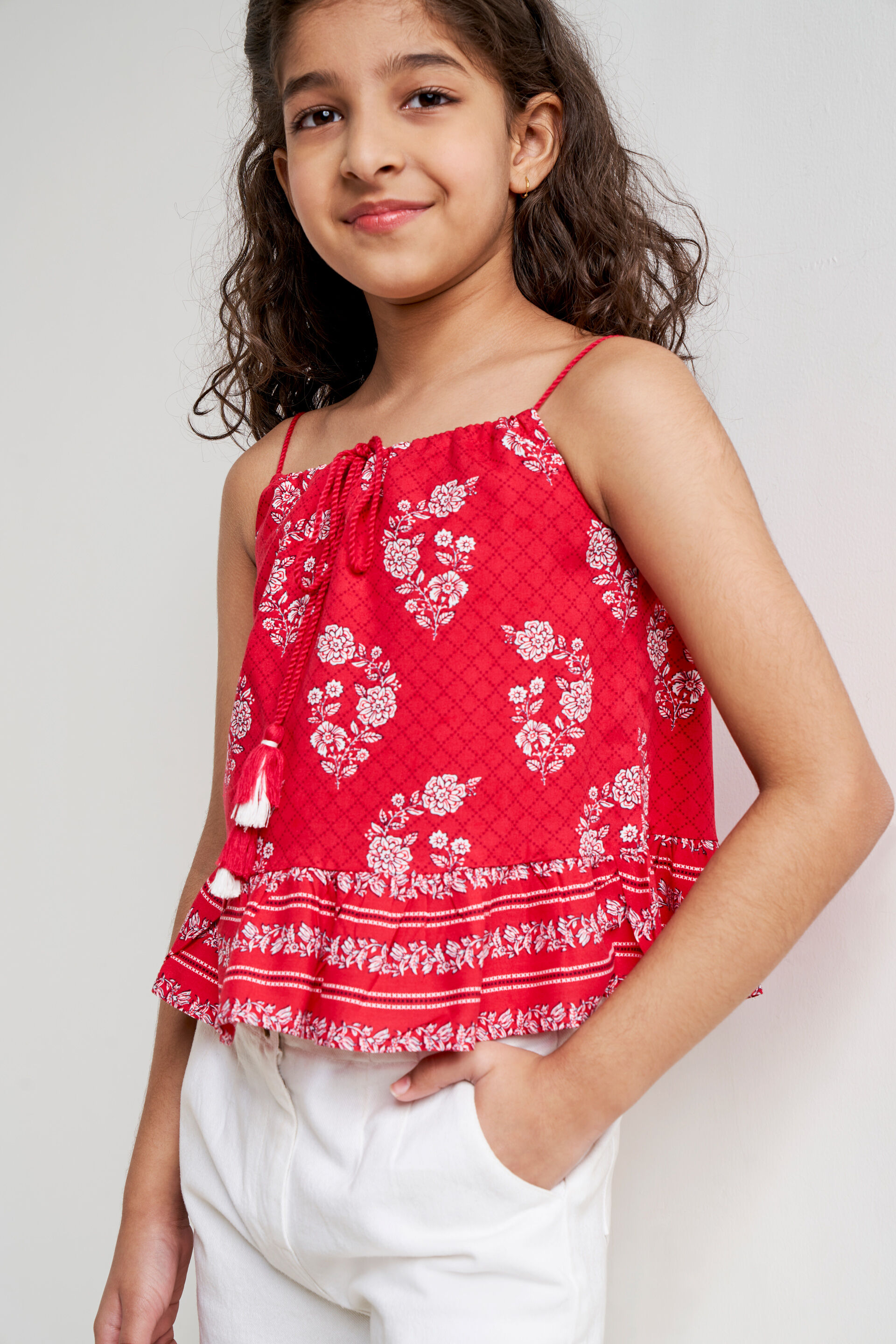 Red Floral Tassel Peplum Top, Red, image 3