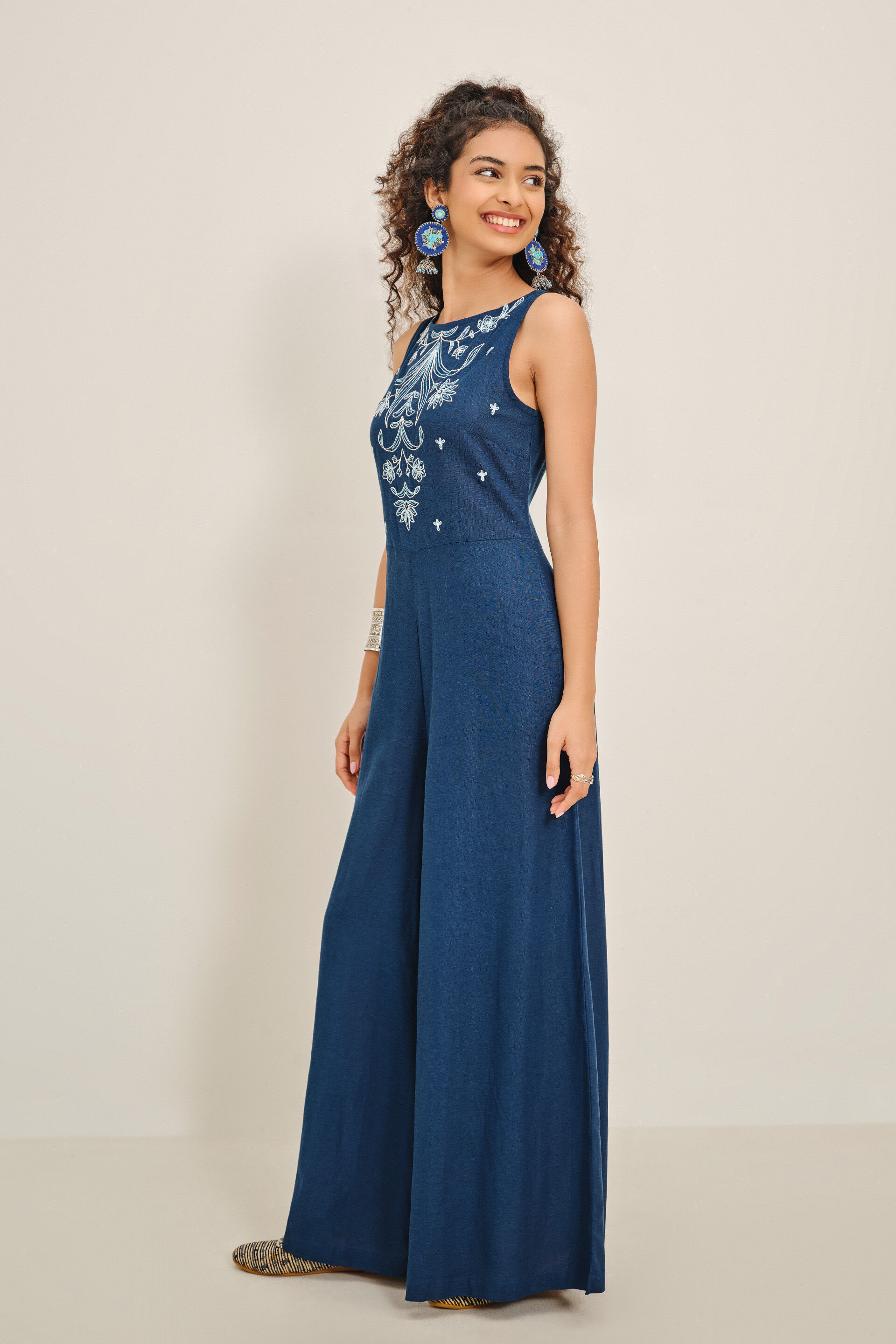 Indigo Jharna Embroidered Jumpsuit, Indigo, image 3