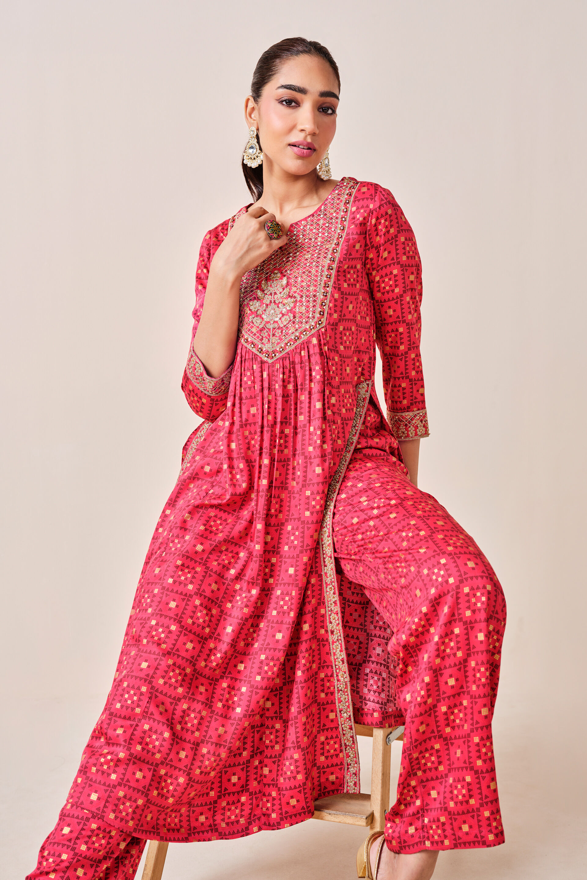 Red India-Inspired Print Viscose Kurta Set, Red, image 11