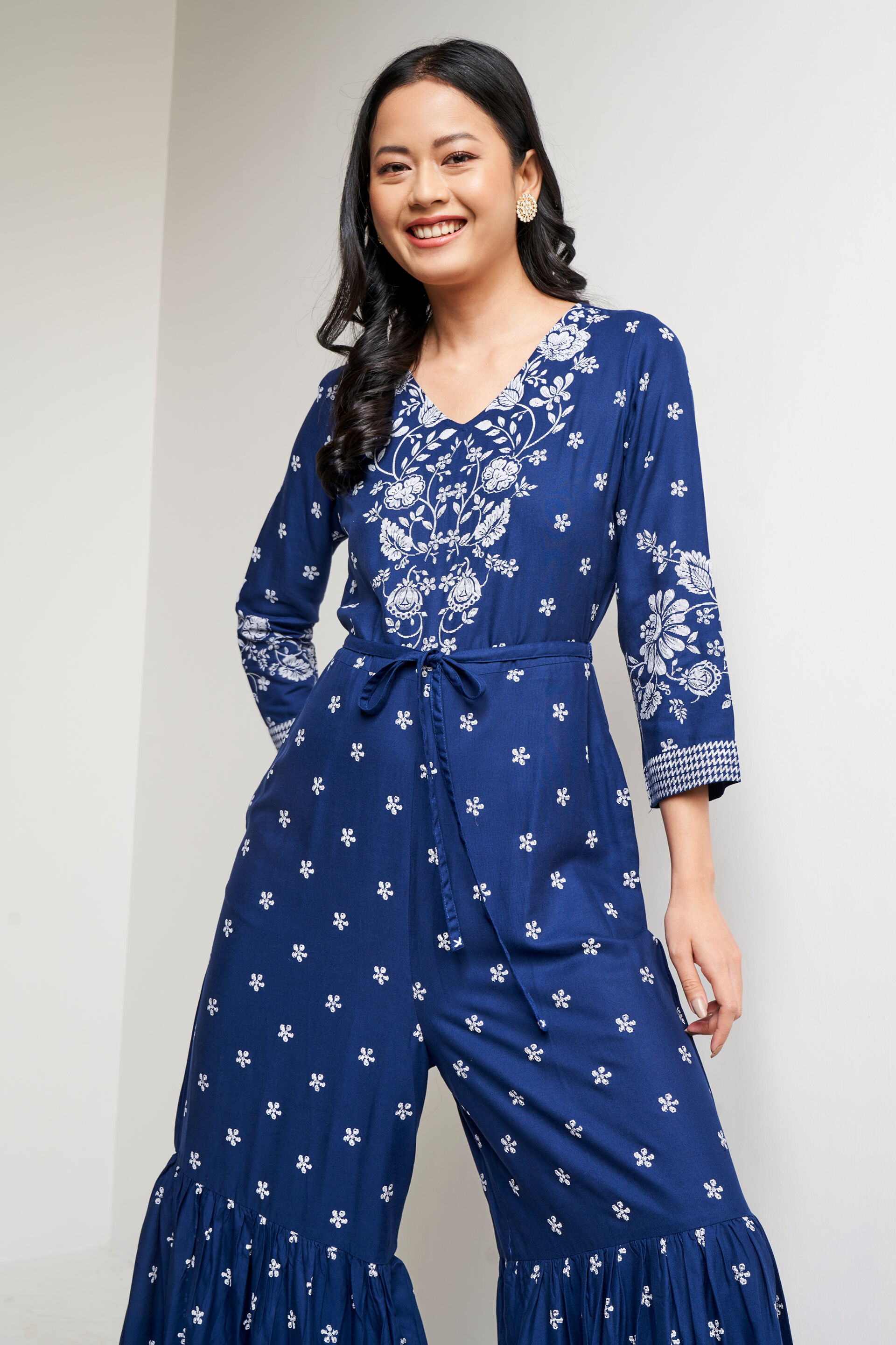 Buy Indigo Floral Flared Jumpsuit Online at Best Price at Global