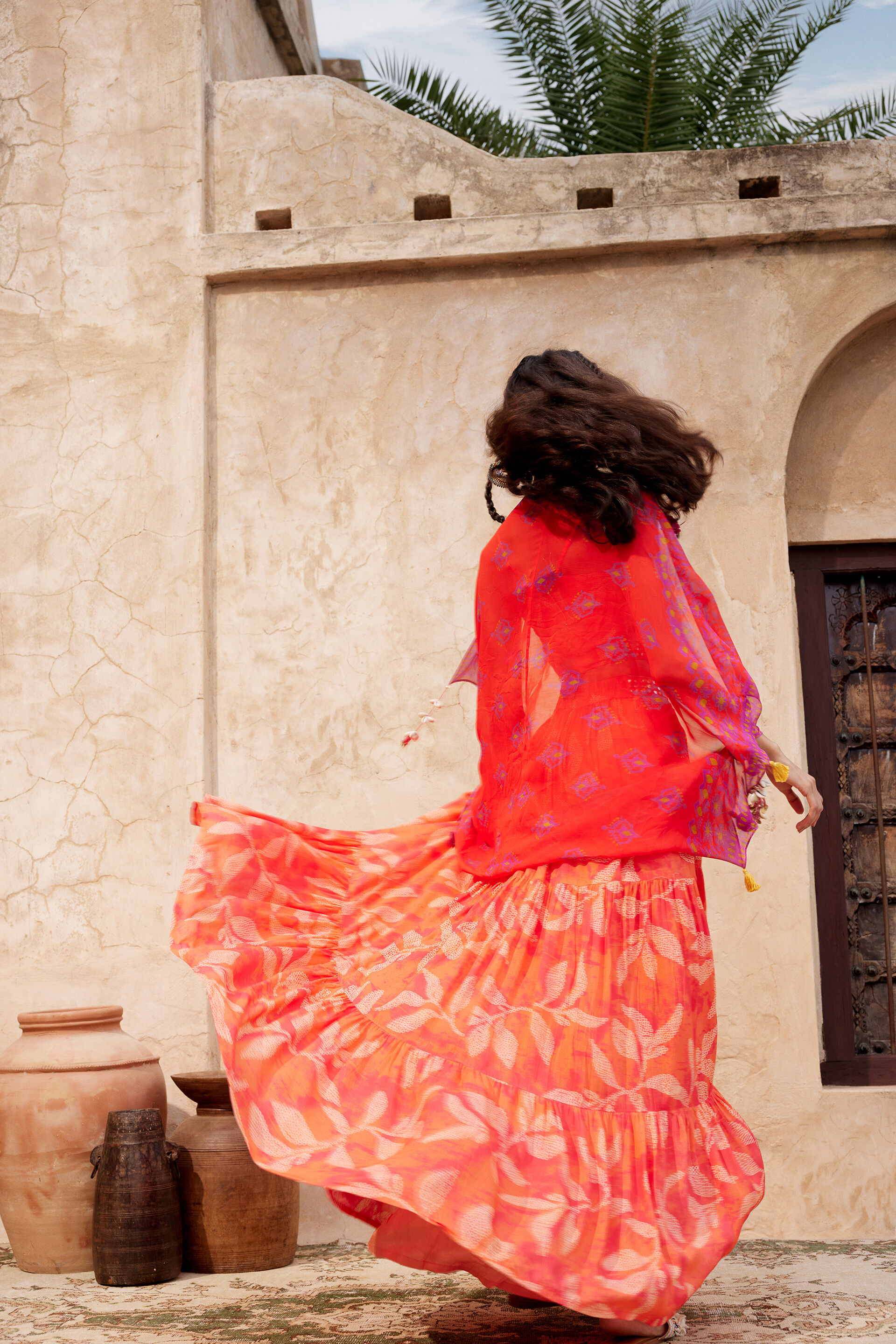 Leafy Print Skirt Set, Coral, image 4