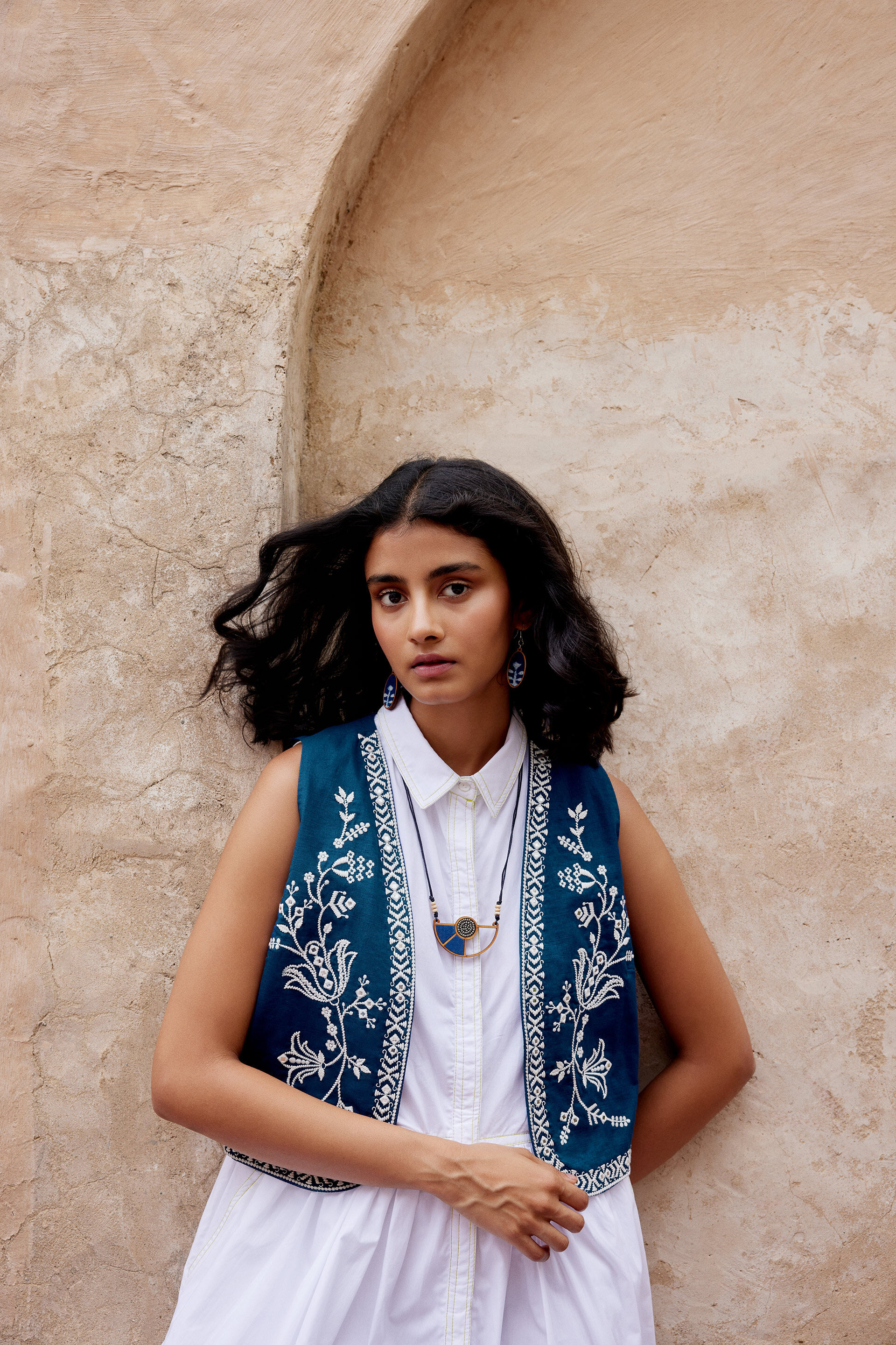 Buy Indigo Blue Embroidered Cotton Vest Online for Women from