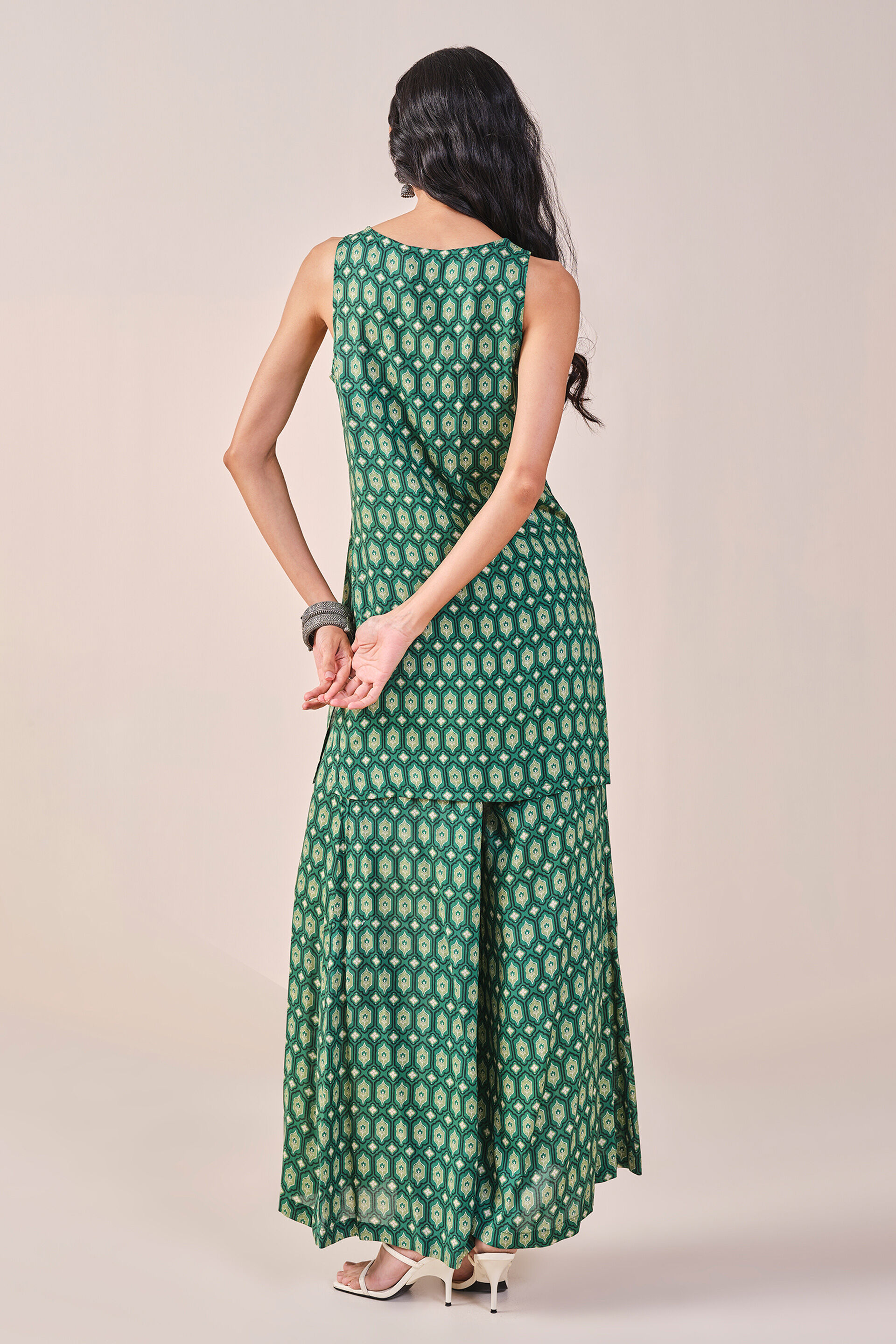 Lattice Inspired Print Viscose Kurta Set, Green, image 10