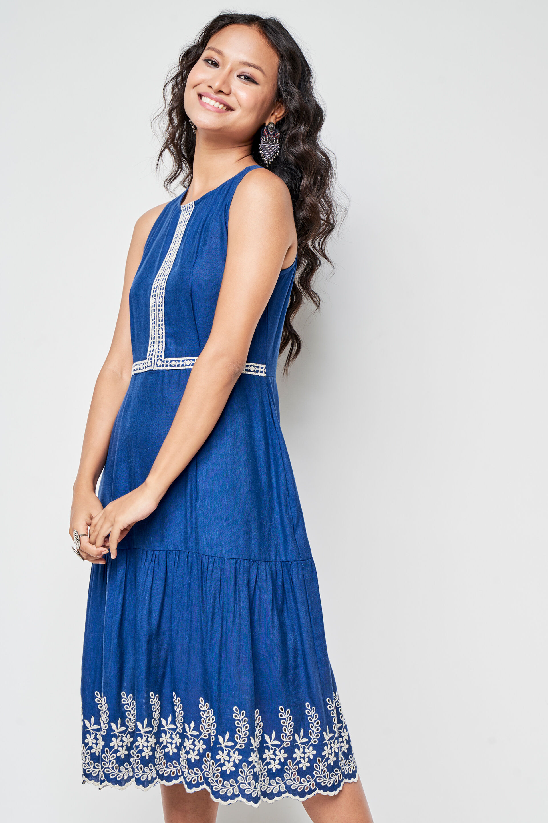 Dark Blue Solid Embroidered Fit And Flare Dress, Dark Blue, image 6