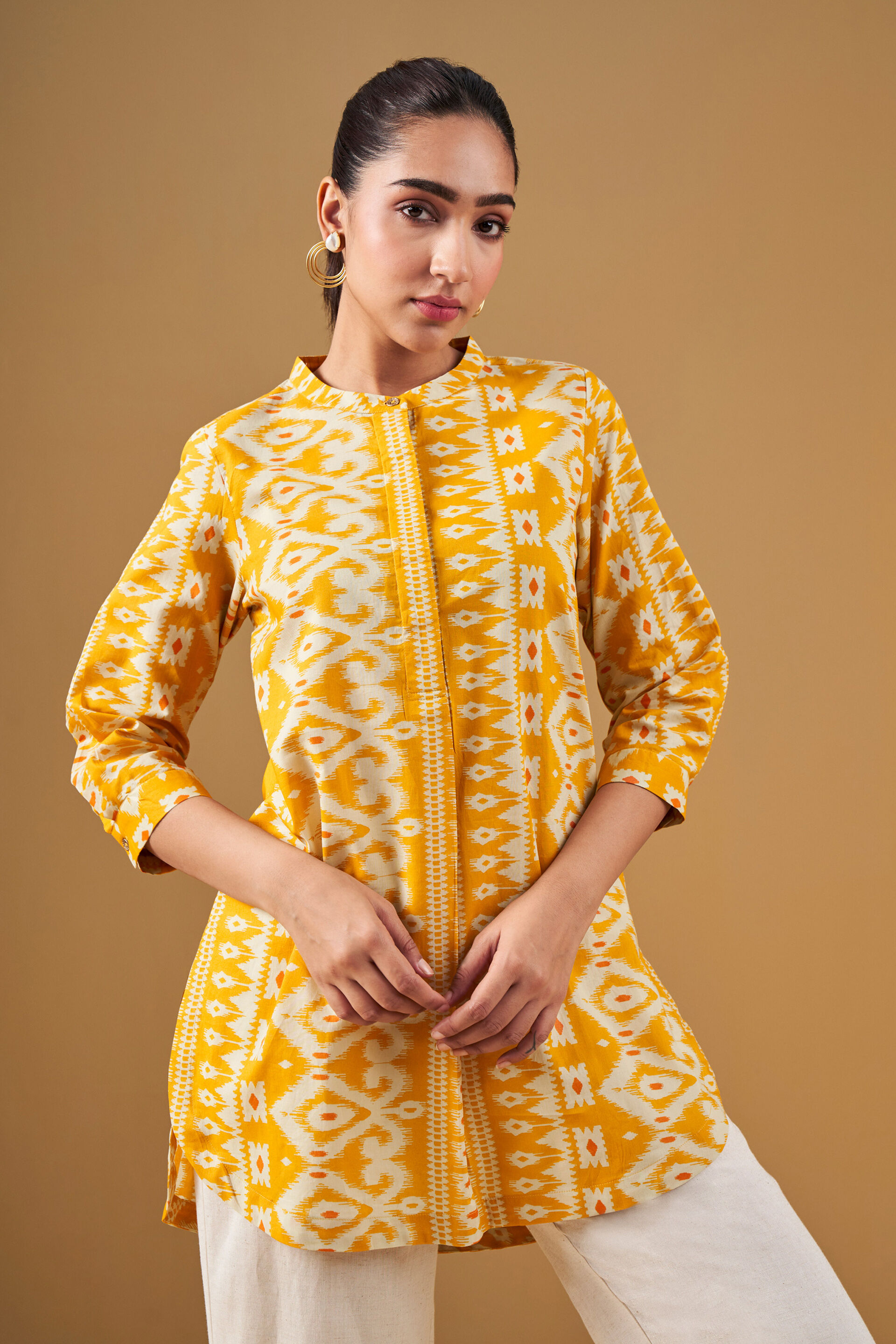 Ikat Print Cotton Yellow Tunic, Yellow, image 4