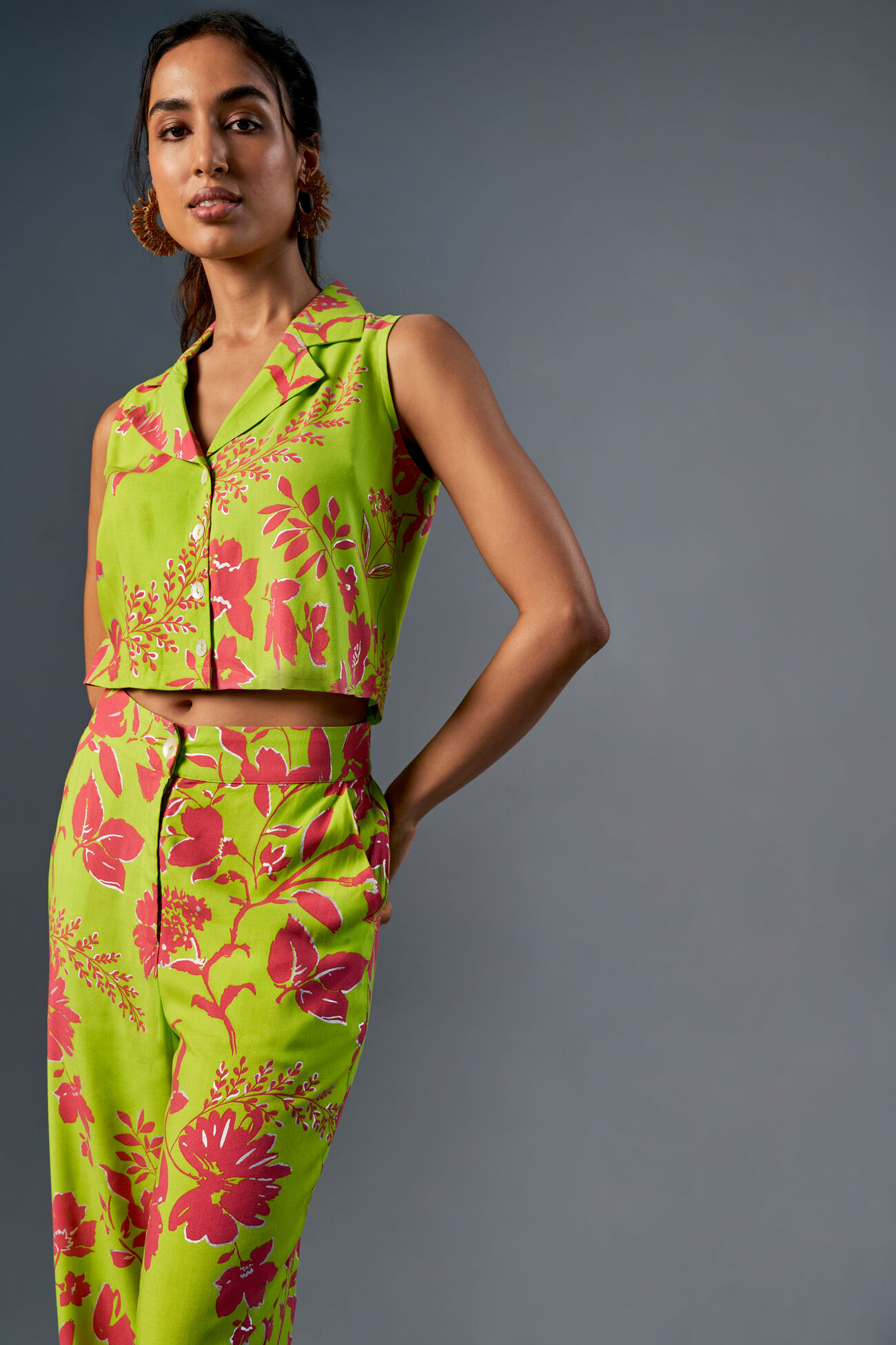 Flower Power Crop Co-Ord, Lime, image 3