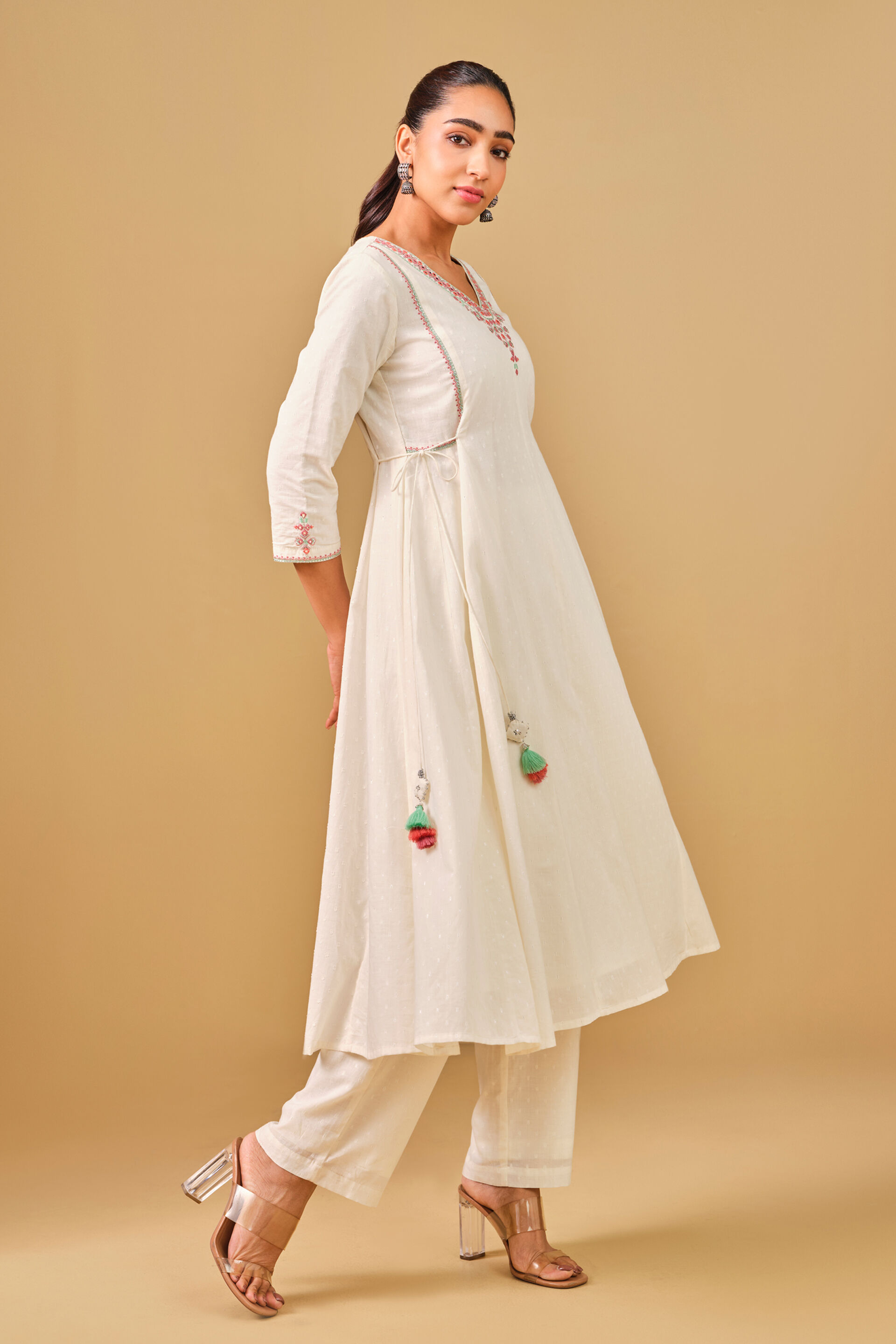 Off-white Embroidered Cotton Kurta Set, Off White, image 4