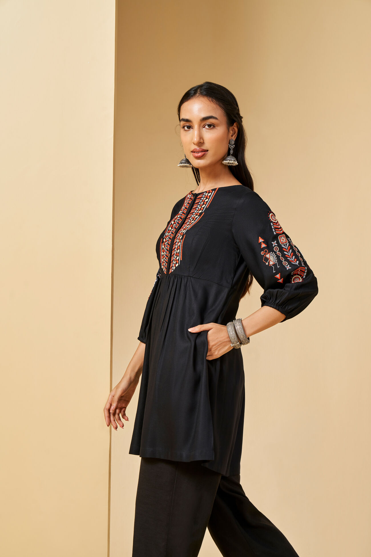 Batik Warli Inspired Tunic, Black, image 4