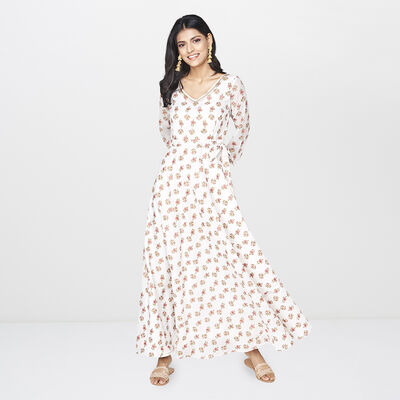 6 - Off White Floral V-Neck Fit and Flare Gown, image 6