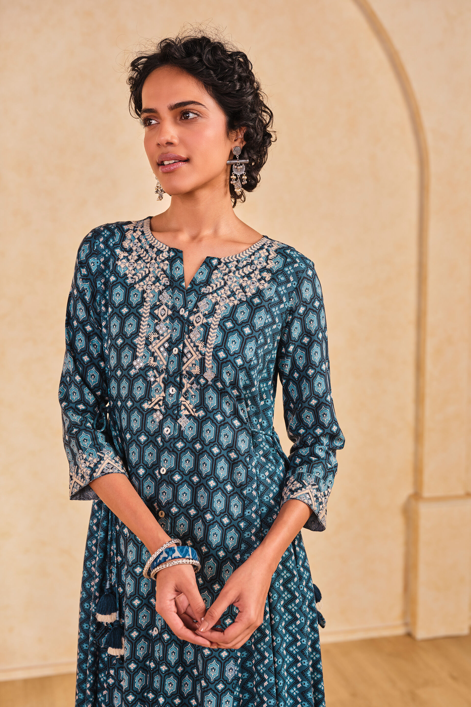 India-Inspired Printed Viscose Kurta, Indigo, image 6