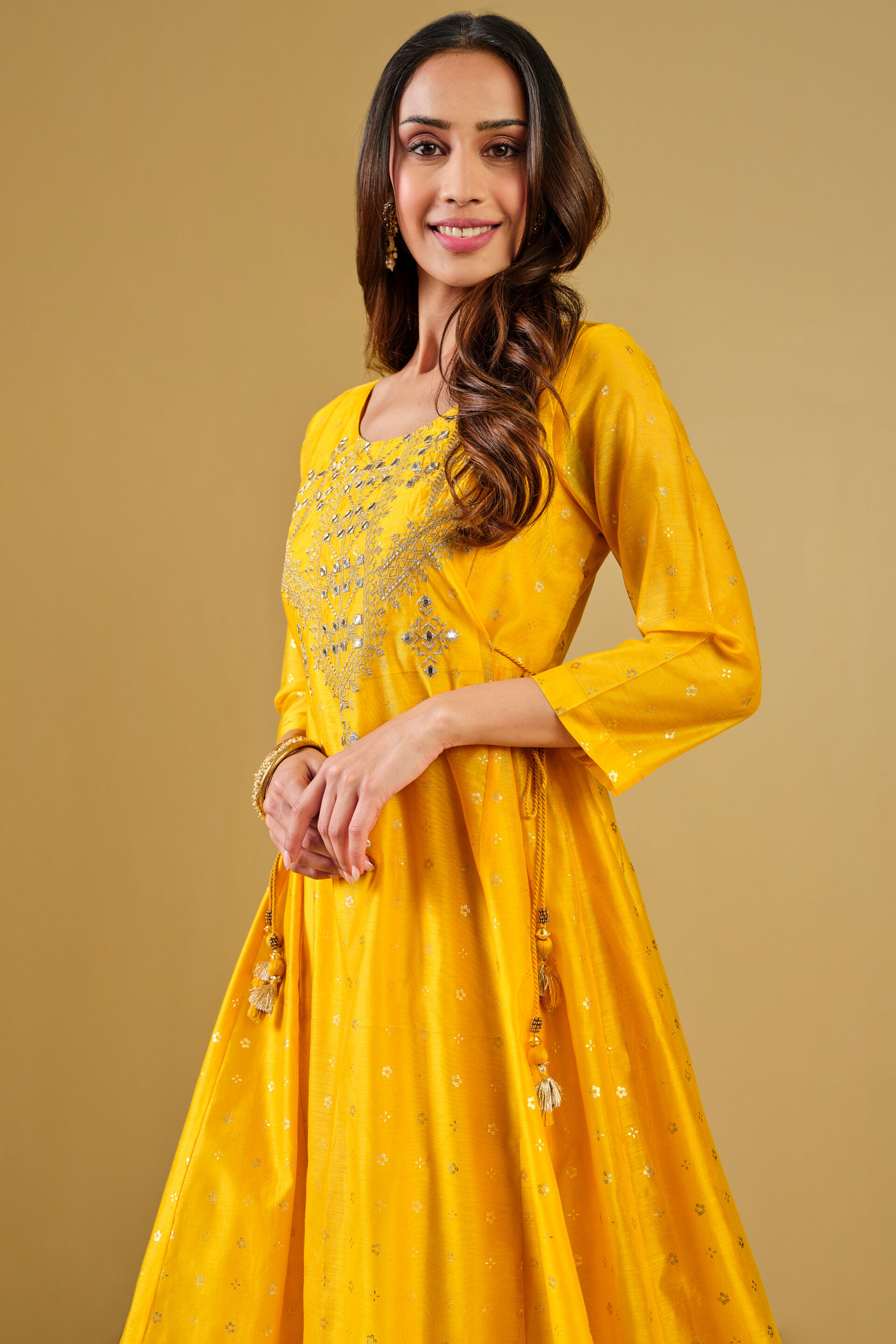 Yellow Viscose Blend Flared Kurta, Yellow, image 7