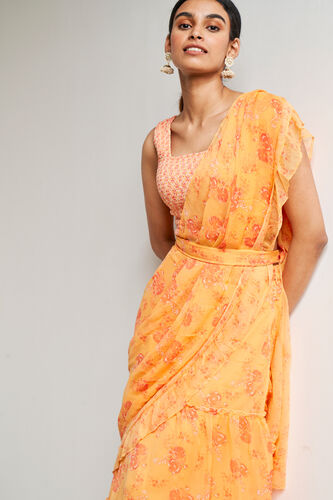 Orange Floral Fit & Flare Stitched Saree, Orange, image 4
