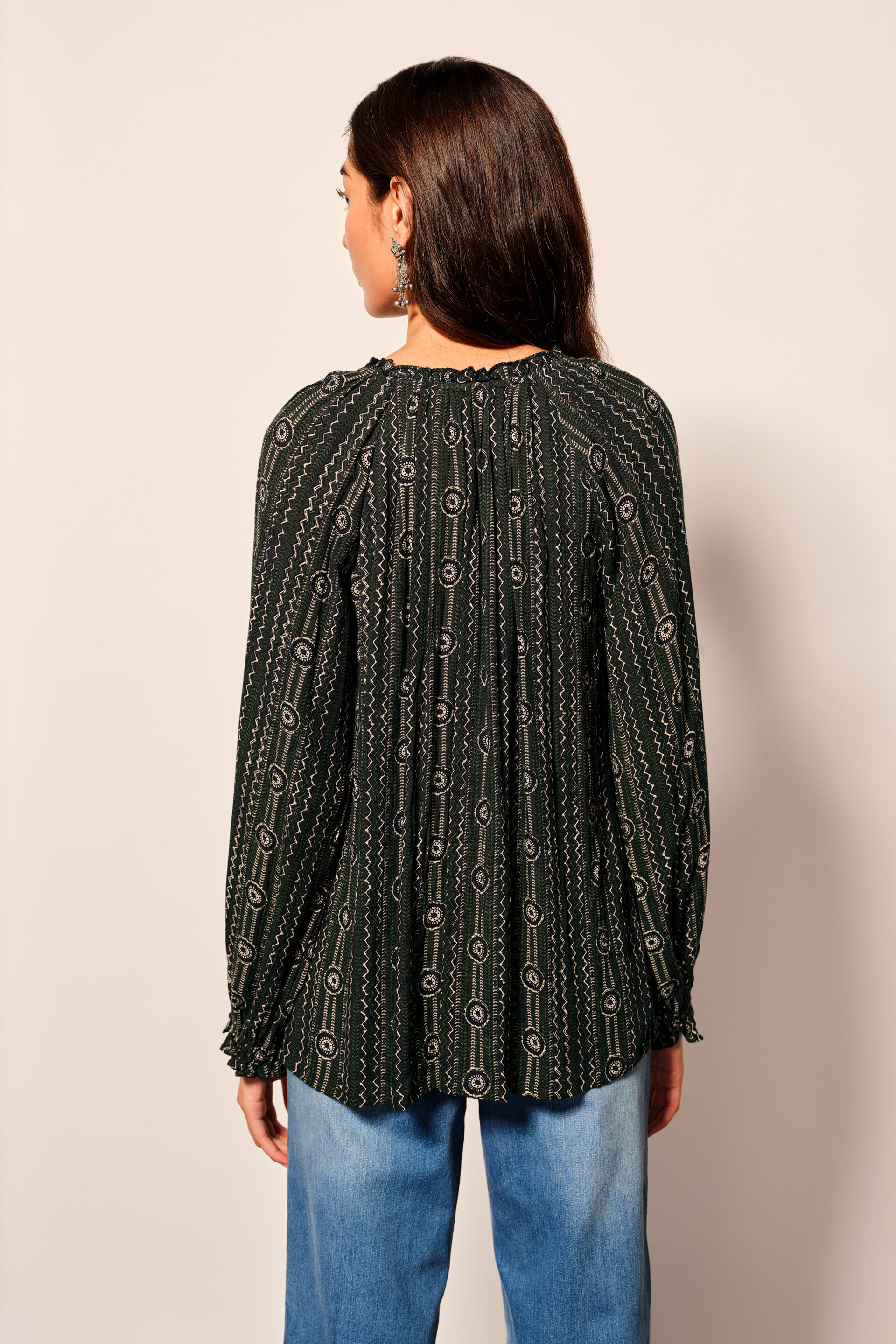 Deep Green Striped Printed Viscose Top, Green, image 2