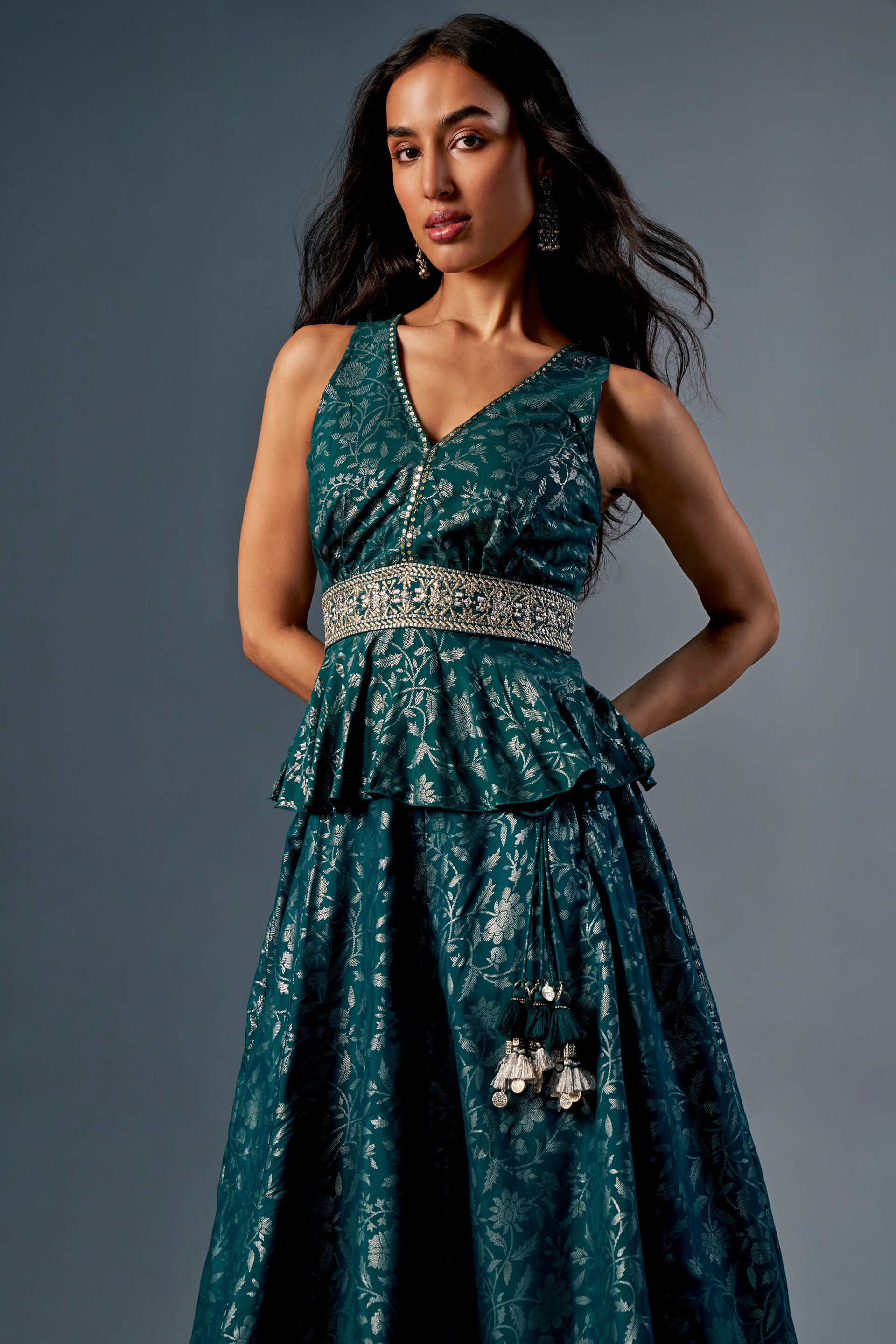Peplum Top Skirt Set, Dark Green, image 5