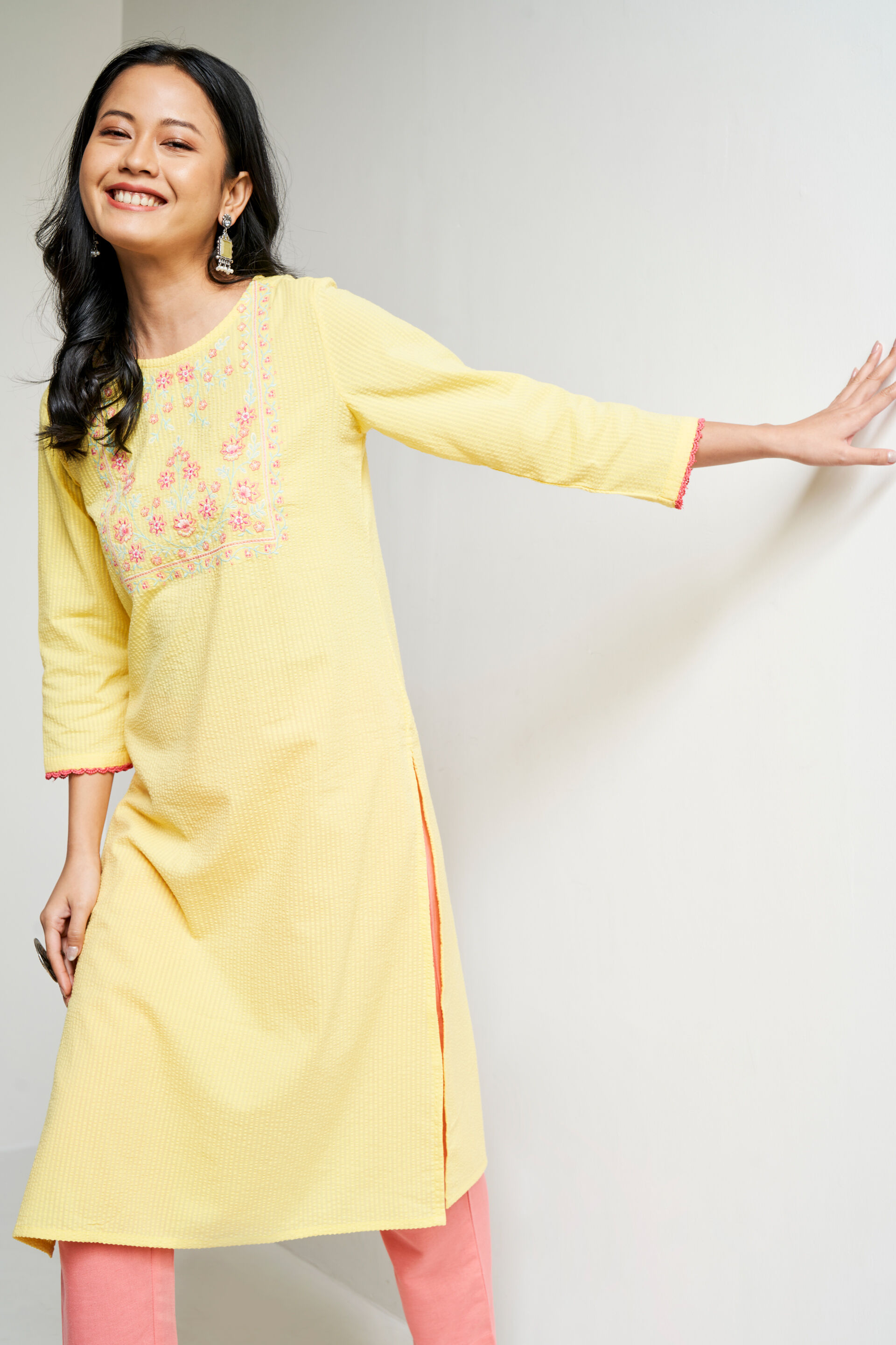 Buy Yellow Solid Embroidered Straight Kurta Online at Best Price