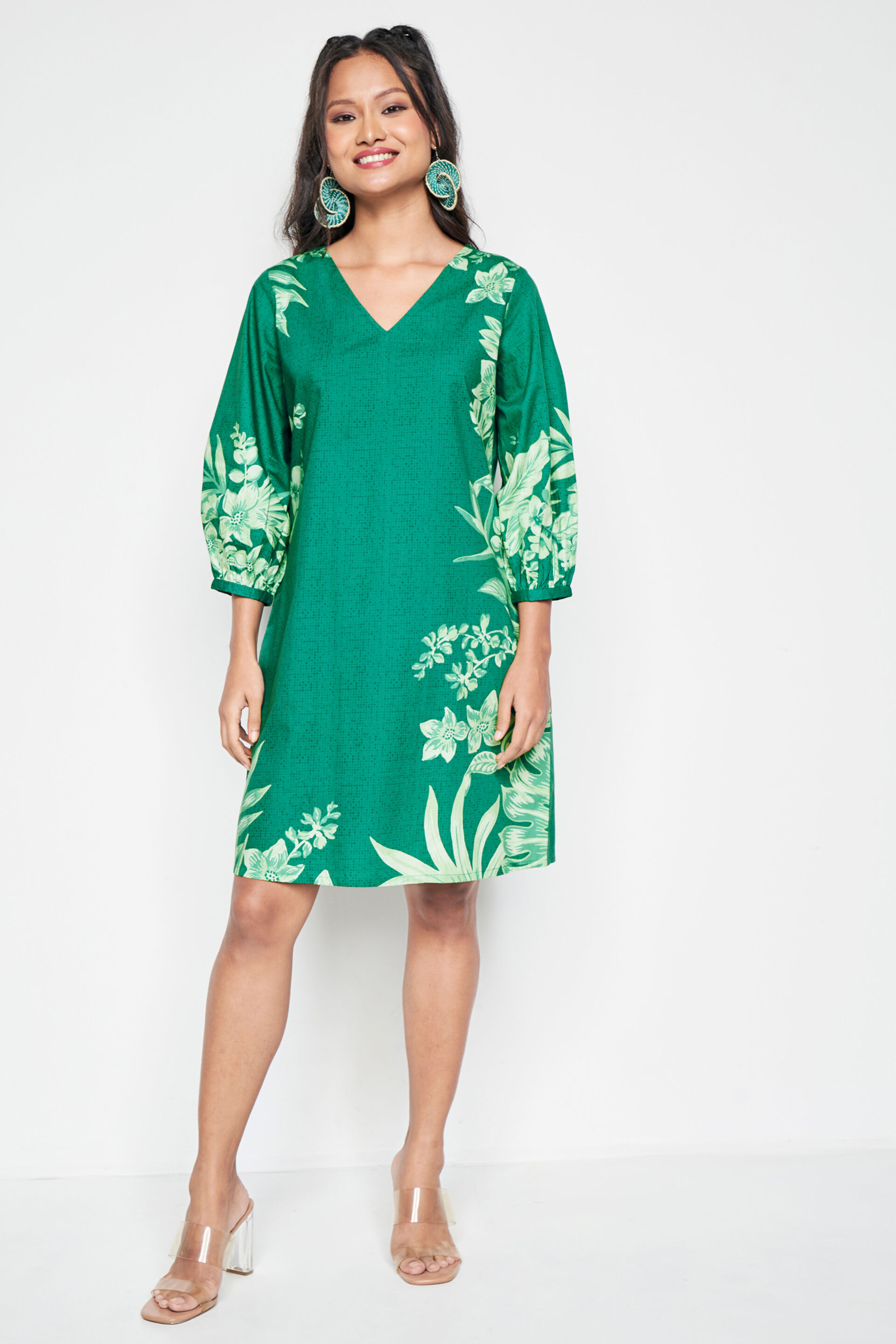 Buy our Green Floral Straight Dress online from globaldesi.in SC FW23GH125DRPOP