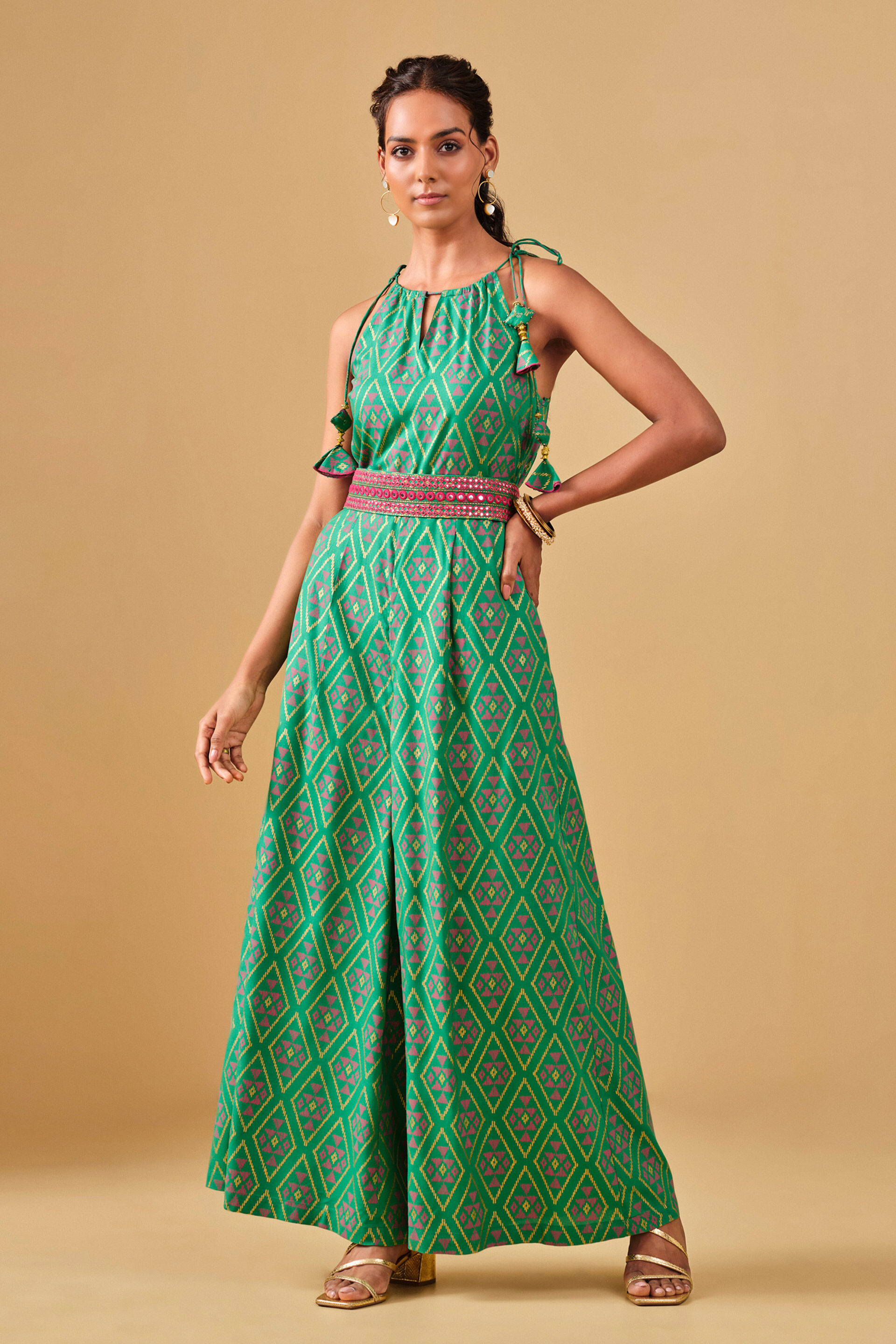 Festive Green Geometric Printed Viscose Jumpsuit, Green, image 3