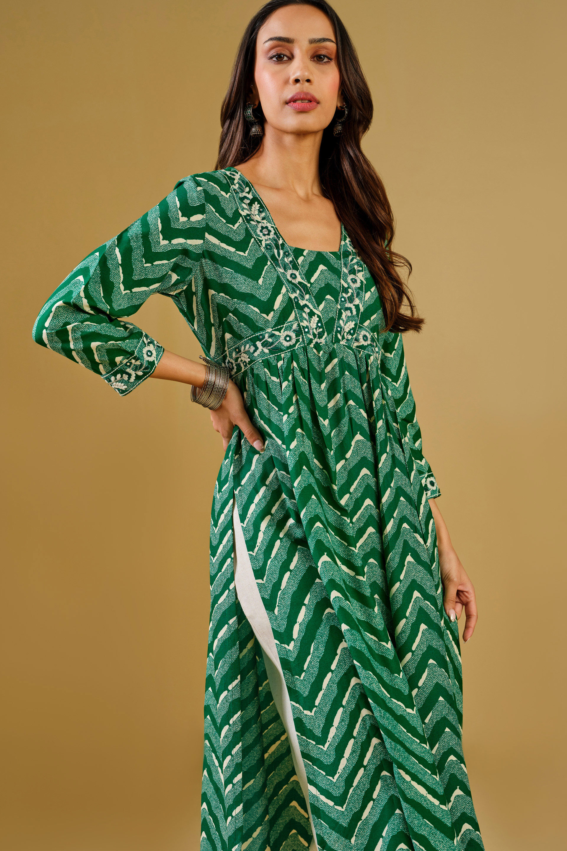 Geometric Green Viscose Kurta, Green, image 3