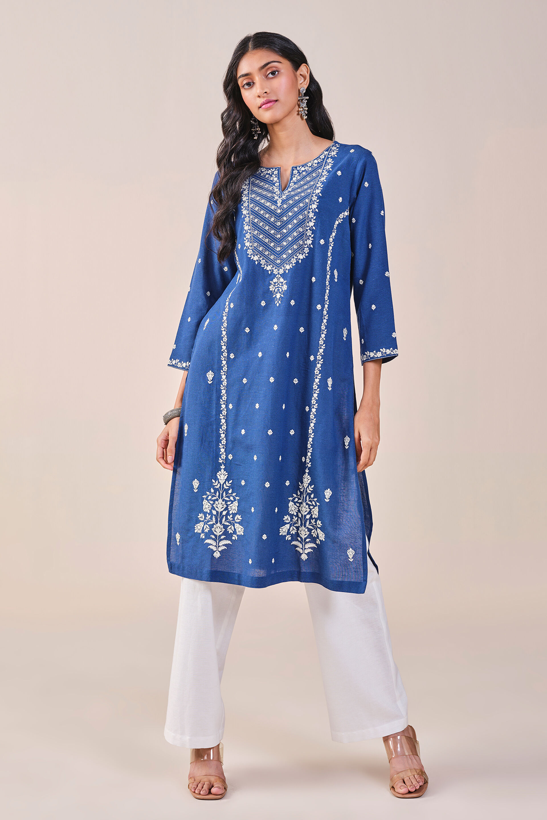 Blue Embroidered Rayon Kurta, Blue, image 2