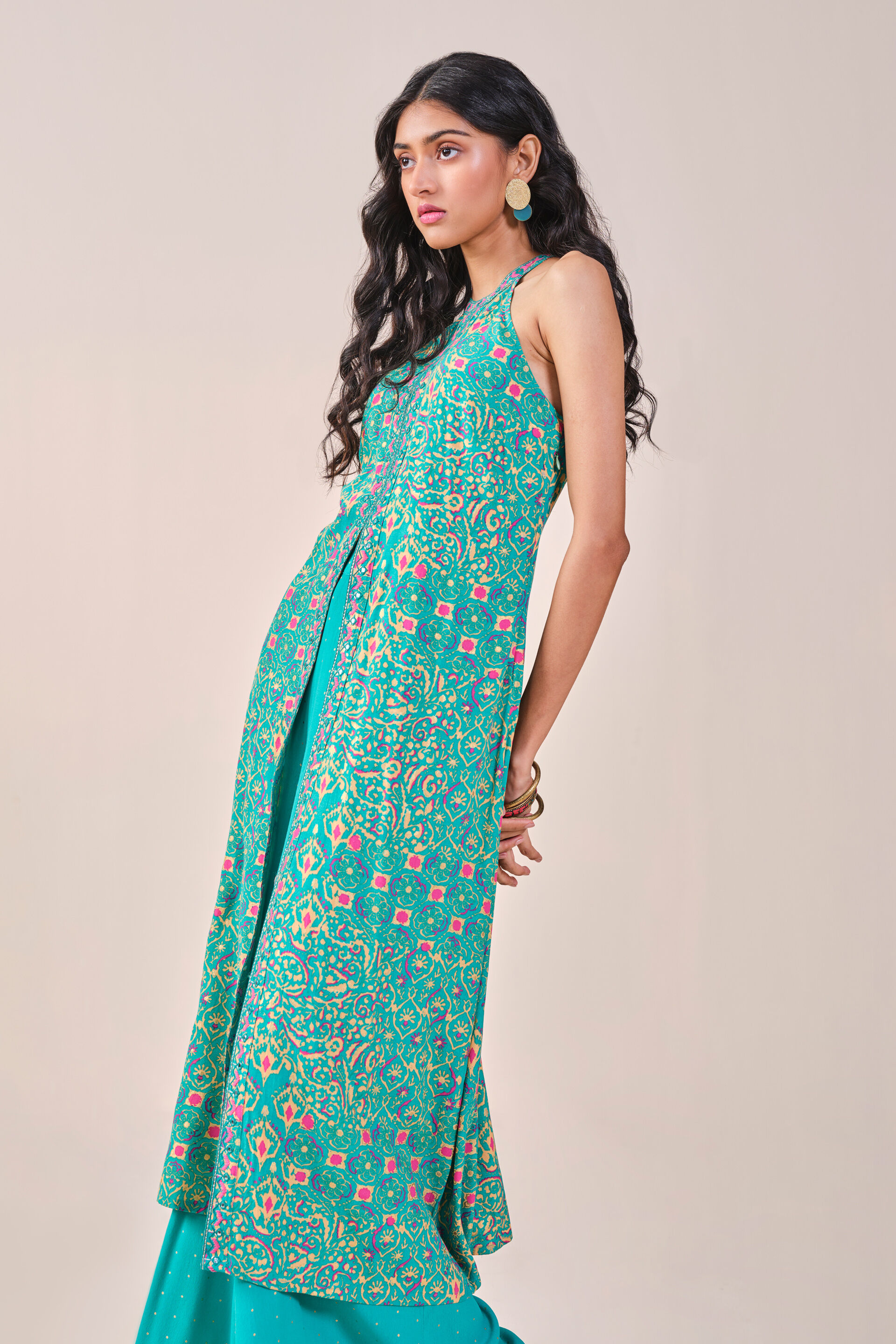 Teal Festive Embroidered Ikat inspired Viscose Kurta set, Teal, image 10