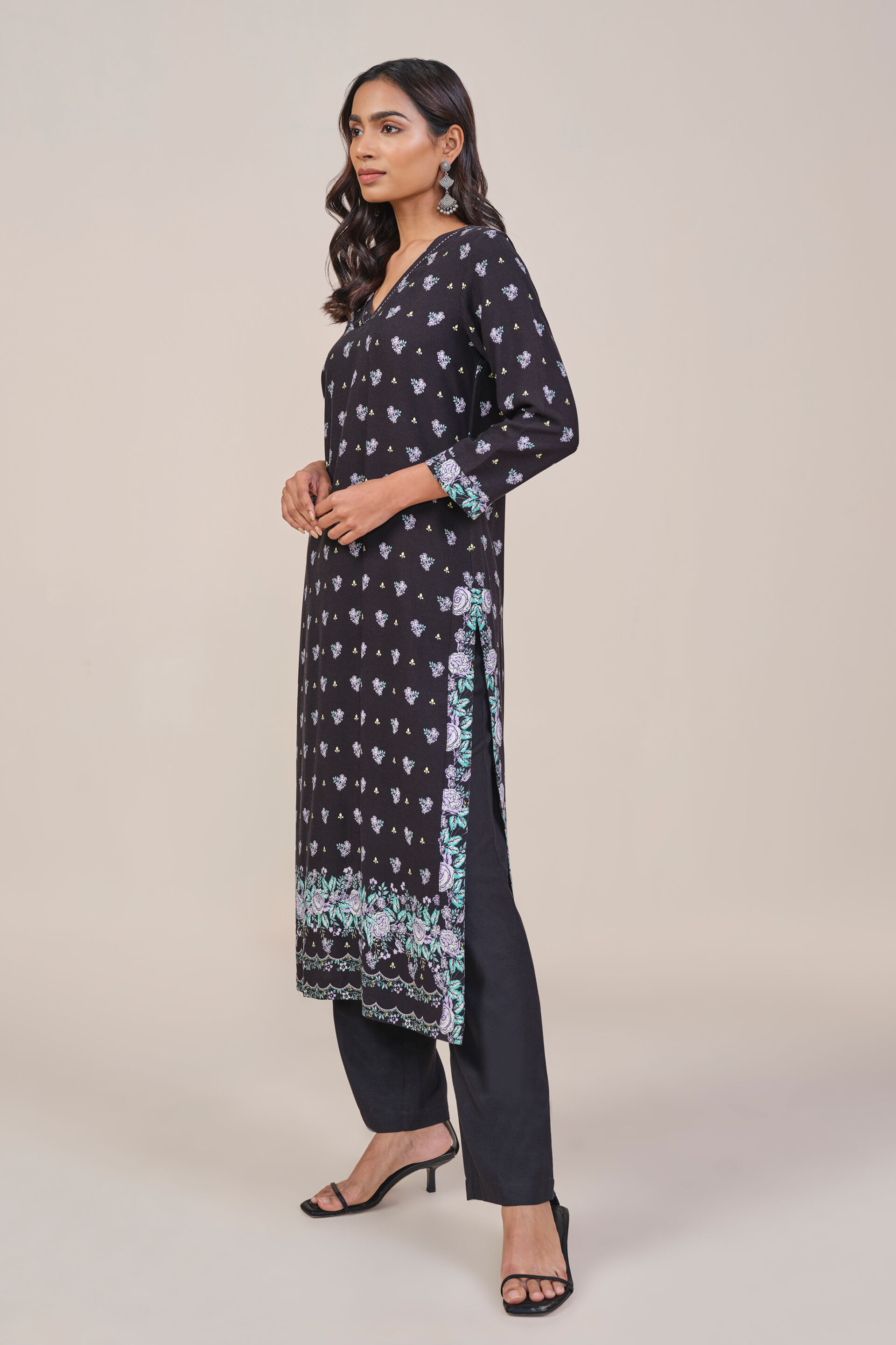 Black Printed V Neck Kurta, Black, image 2