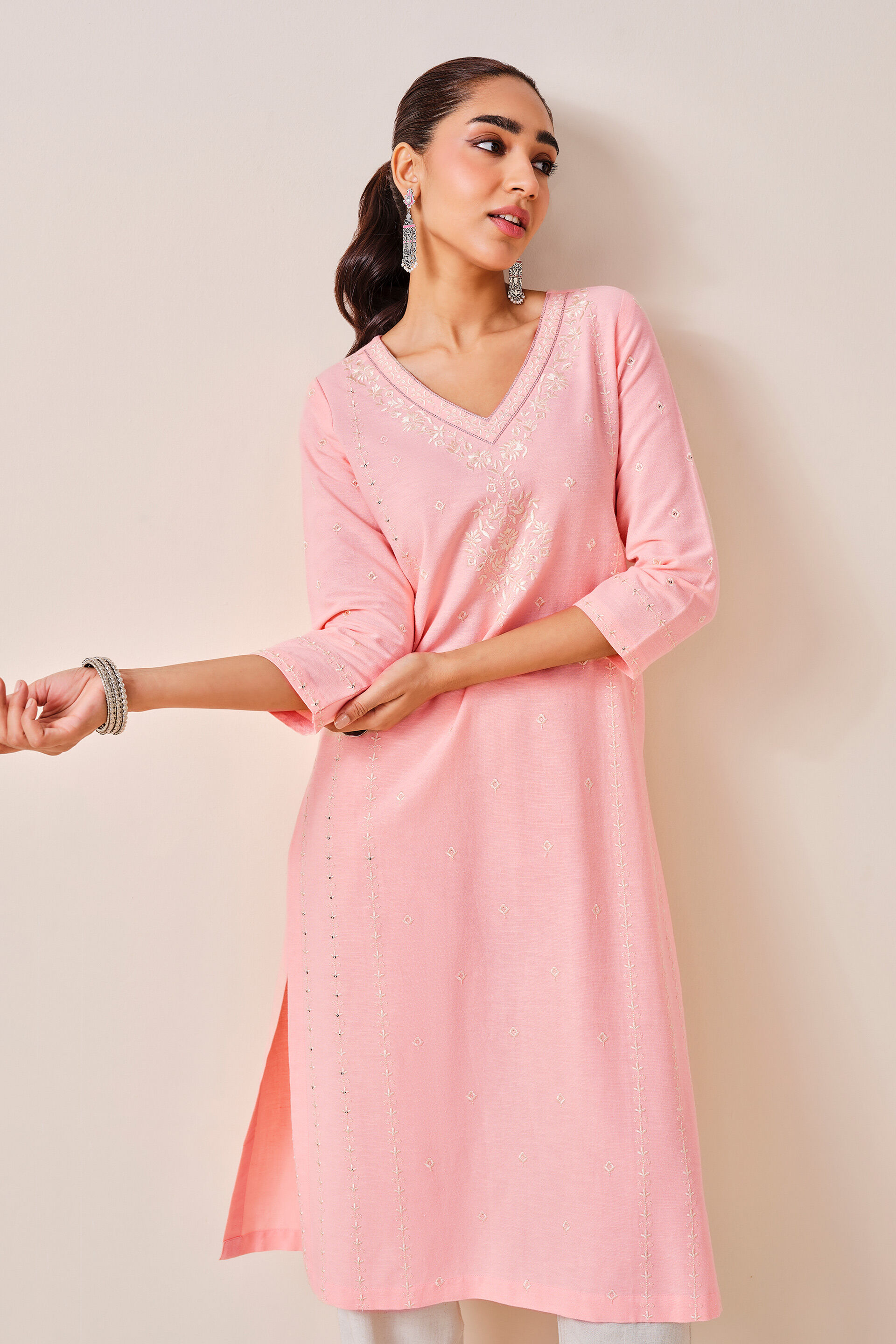 Coral Printed Rayon Linen  Blend Kurta, Coral, image 5
