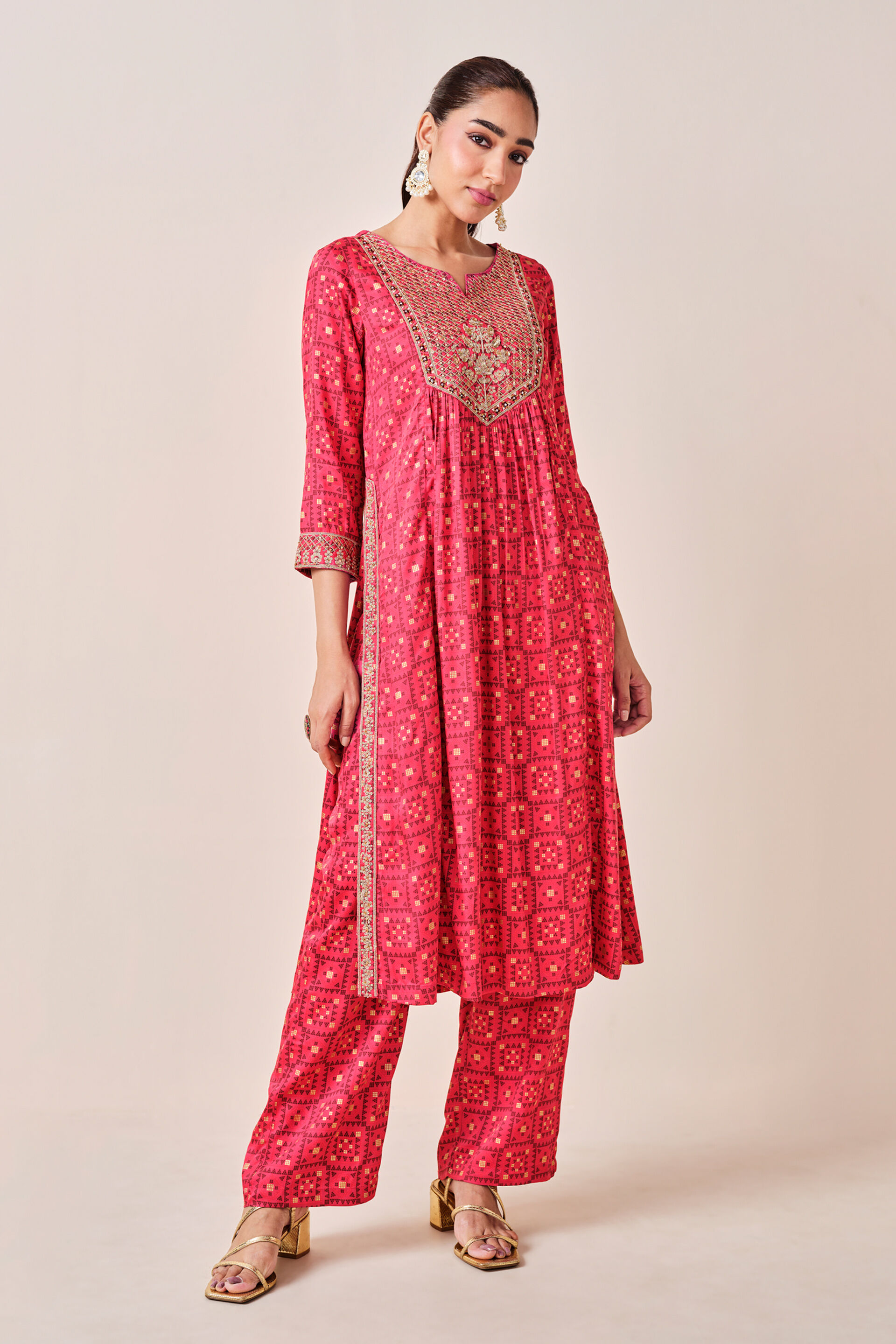 Red India-Inspired Print Viscose Kurta Set, Red, image 10