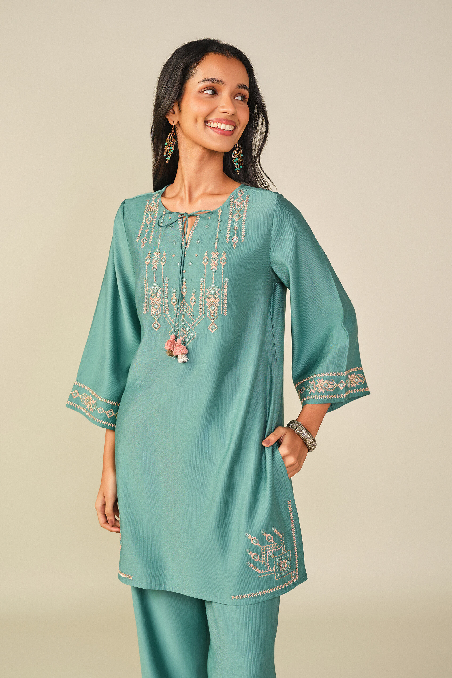 Embroidered Kurta Set in Teal, Teal, image 4