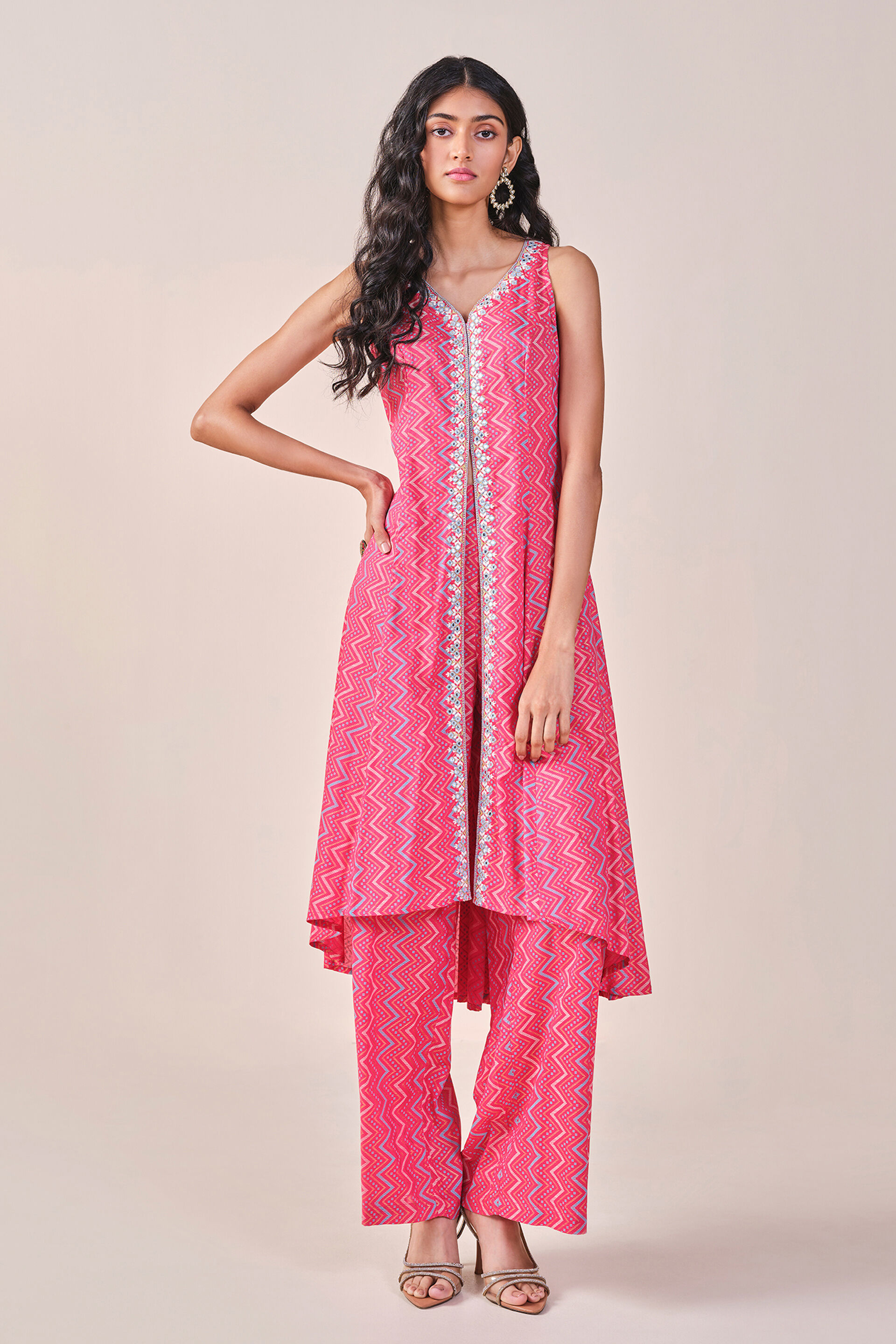 Pink Chevron Print Viscose Kurta Set, Pink, image 5