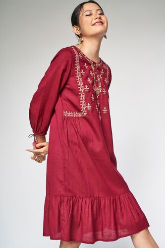 5 - Wine Embroidered A-Line Dress, image 5