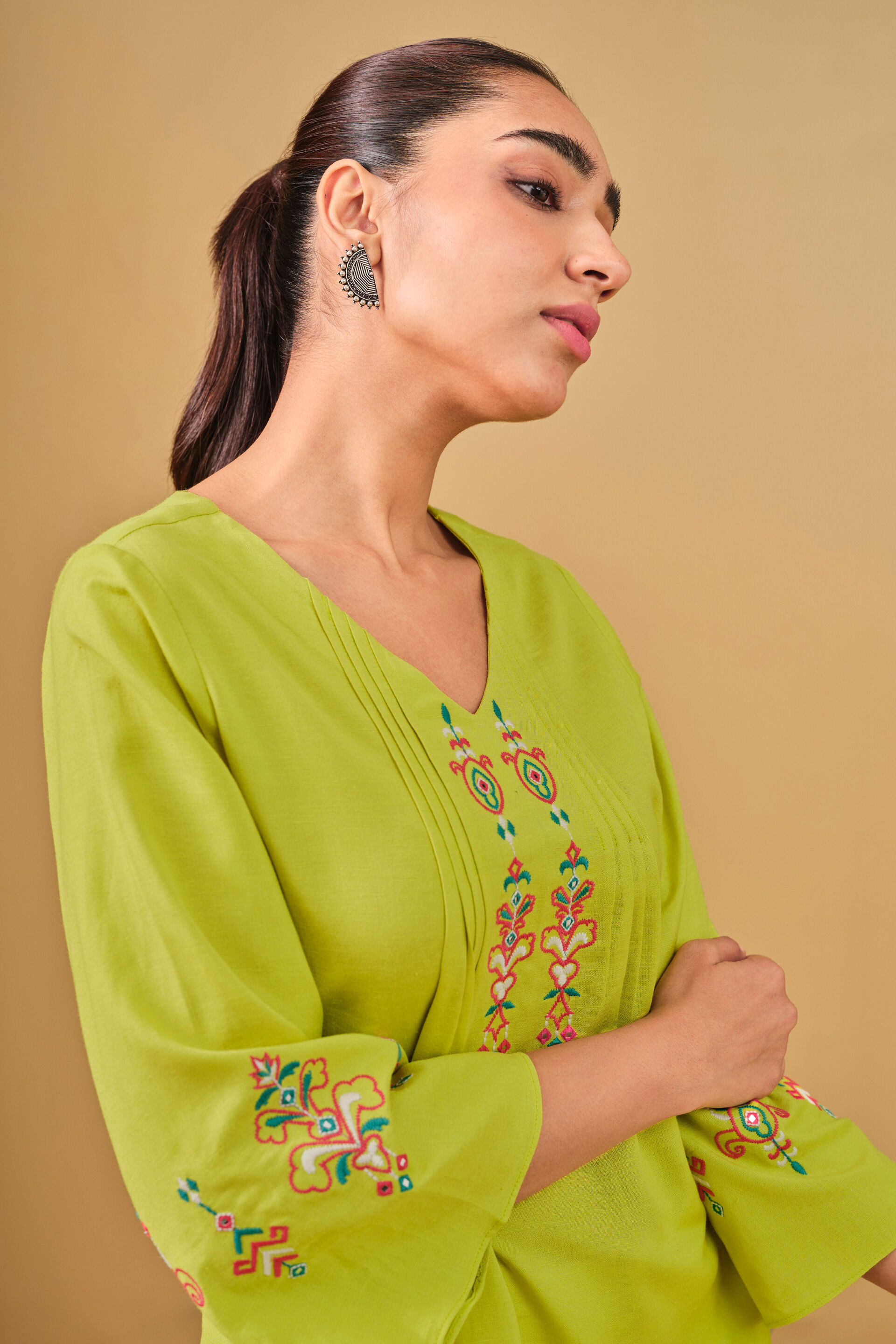 Pleated Lime Green Embroidered Top