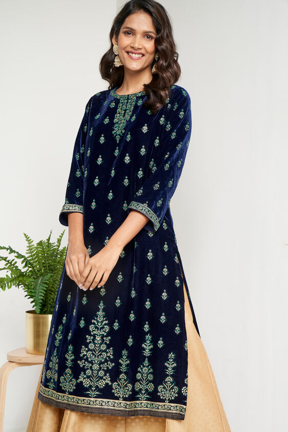 Navy Blue Foil Print Straight Slip-On Kurta, Navy Blue, image 2