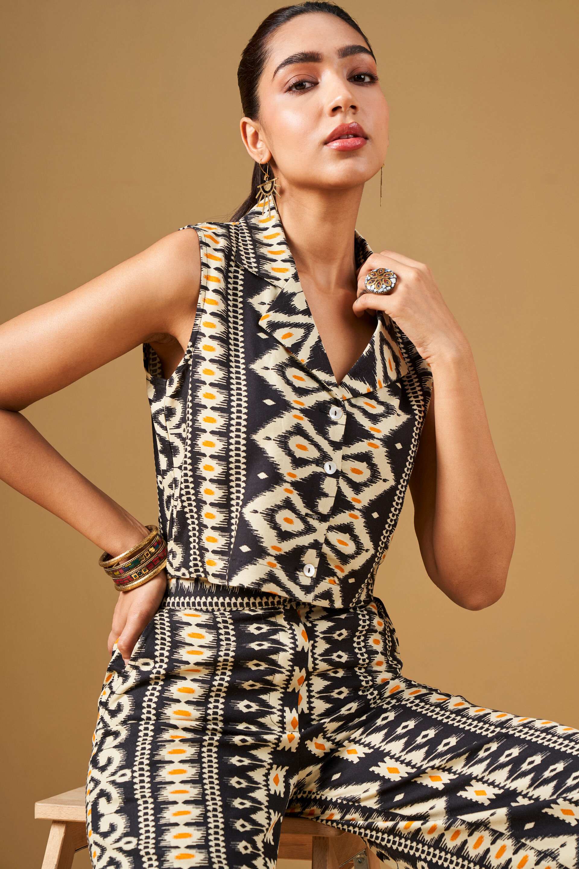 Ikat Print Viscose Cropped Co-Ord, Black, image 4