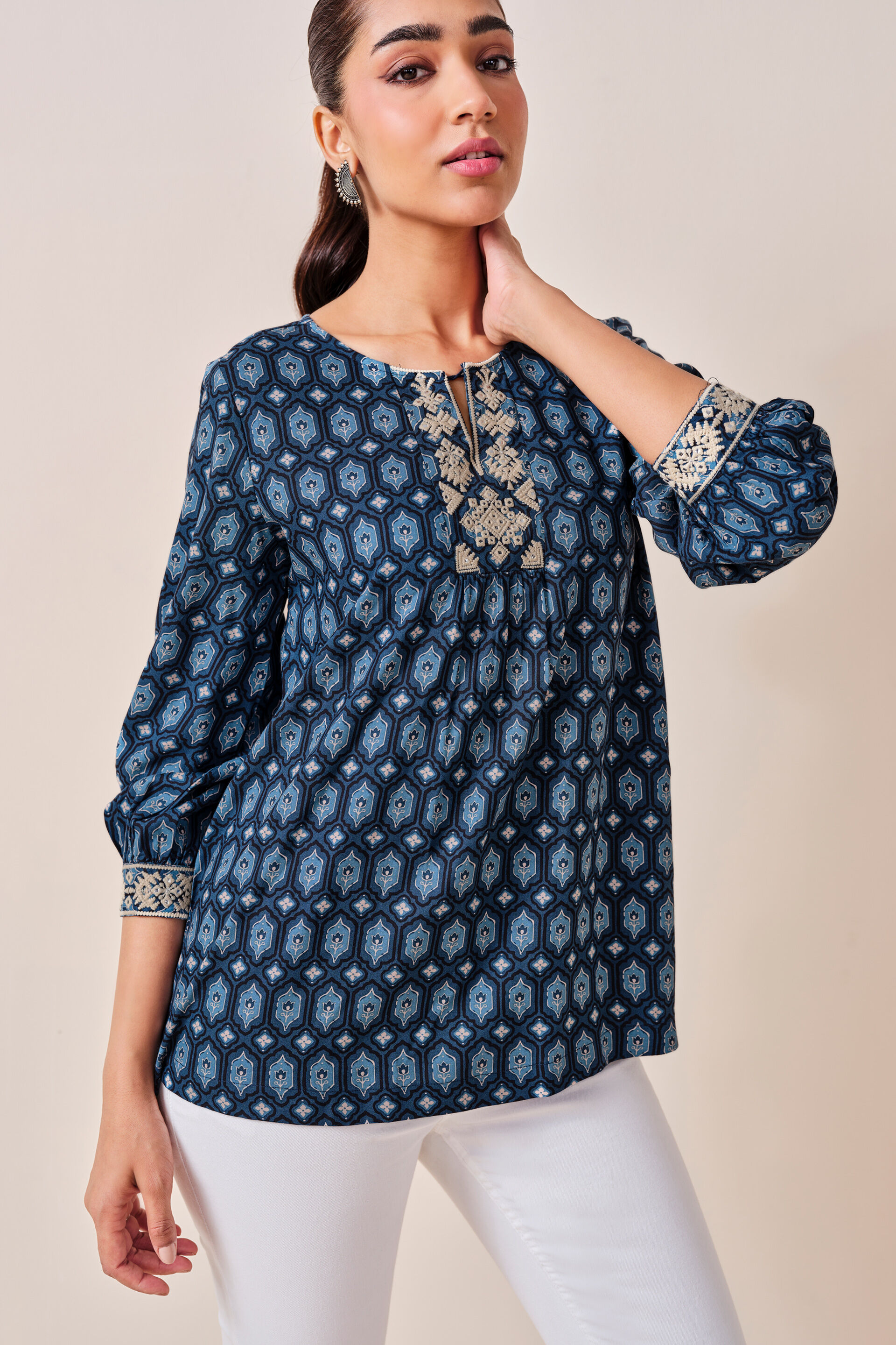 Indigo Floral Print Viscose Top, Indigo, image 4