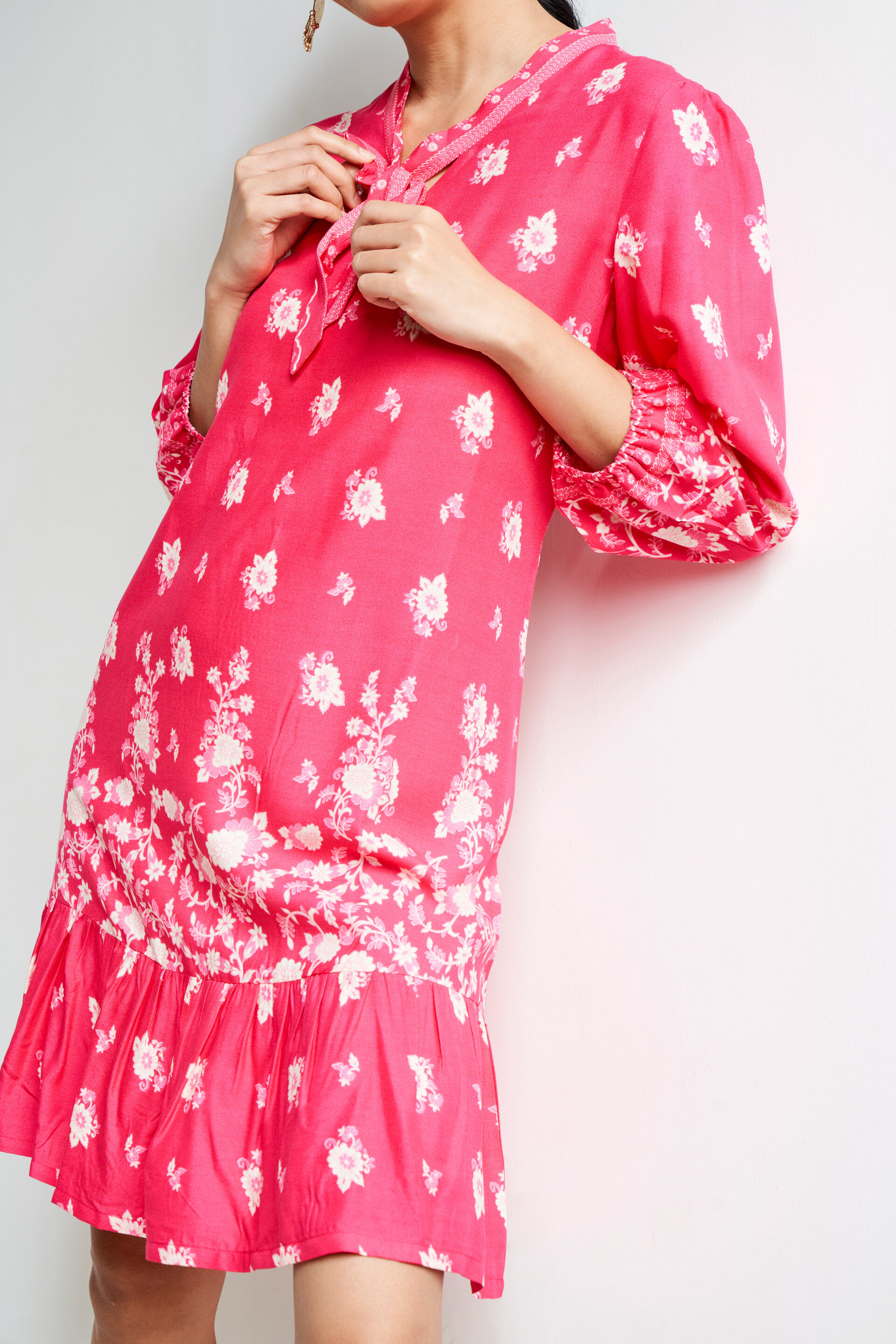 Hot Pink Floral Gathered Straight Dress, Hot Pink, image 5