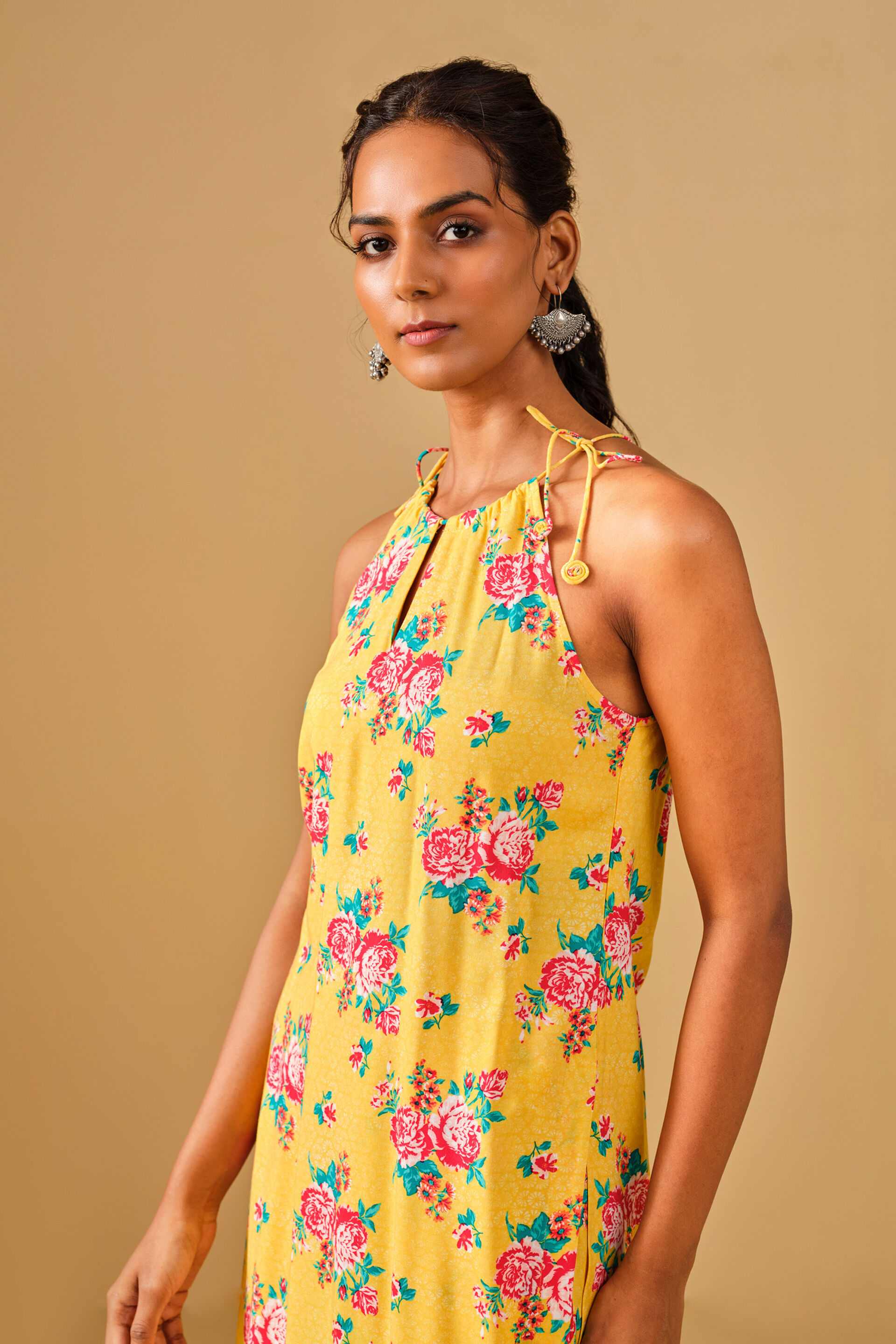 Floral Print Yellow Viscose Kurta Set, Mustard, image 5