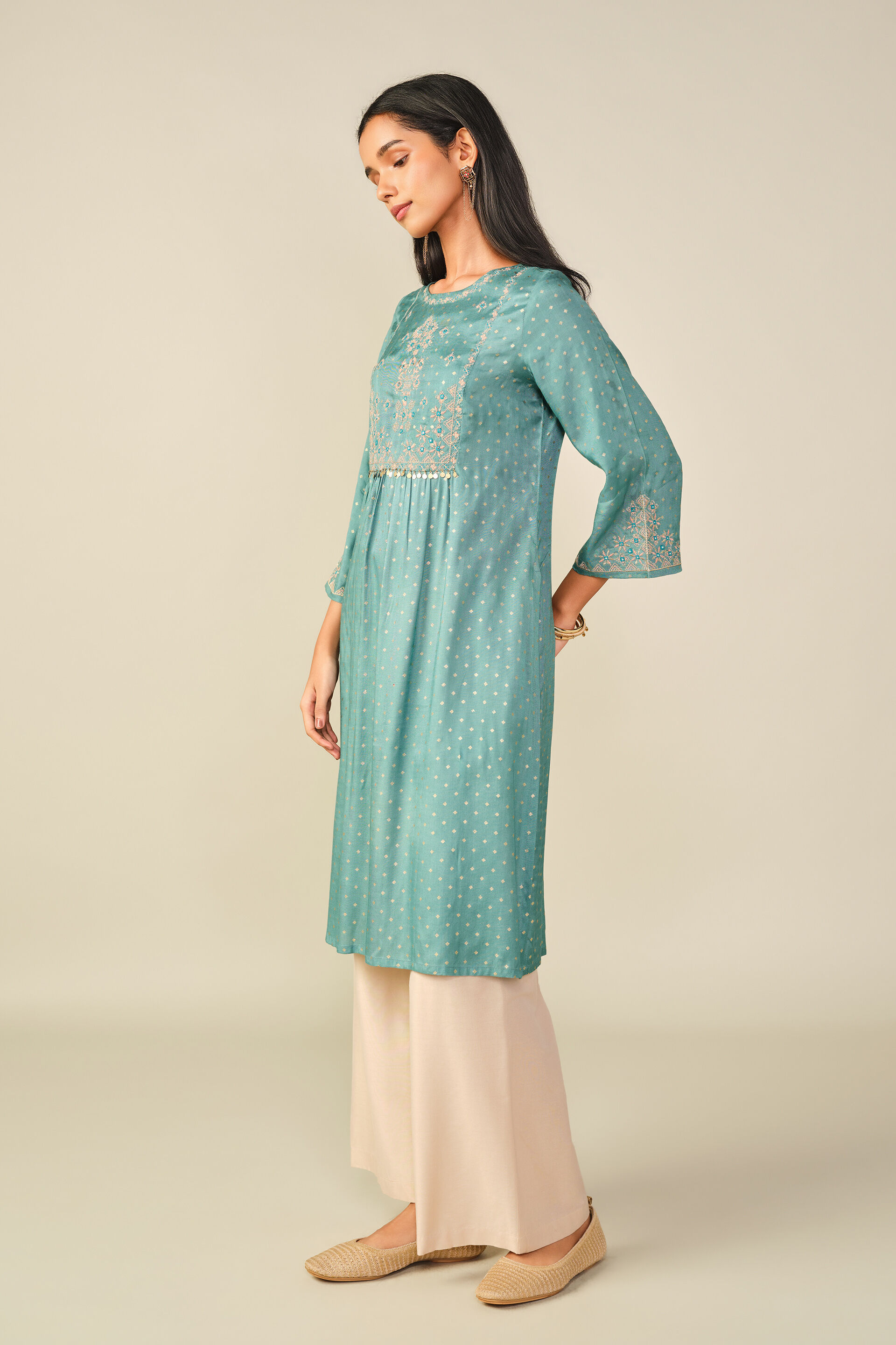 A-Line Embroidered Kurta in Teal, Teal, image 4