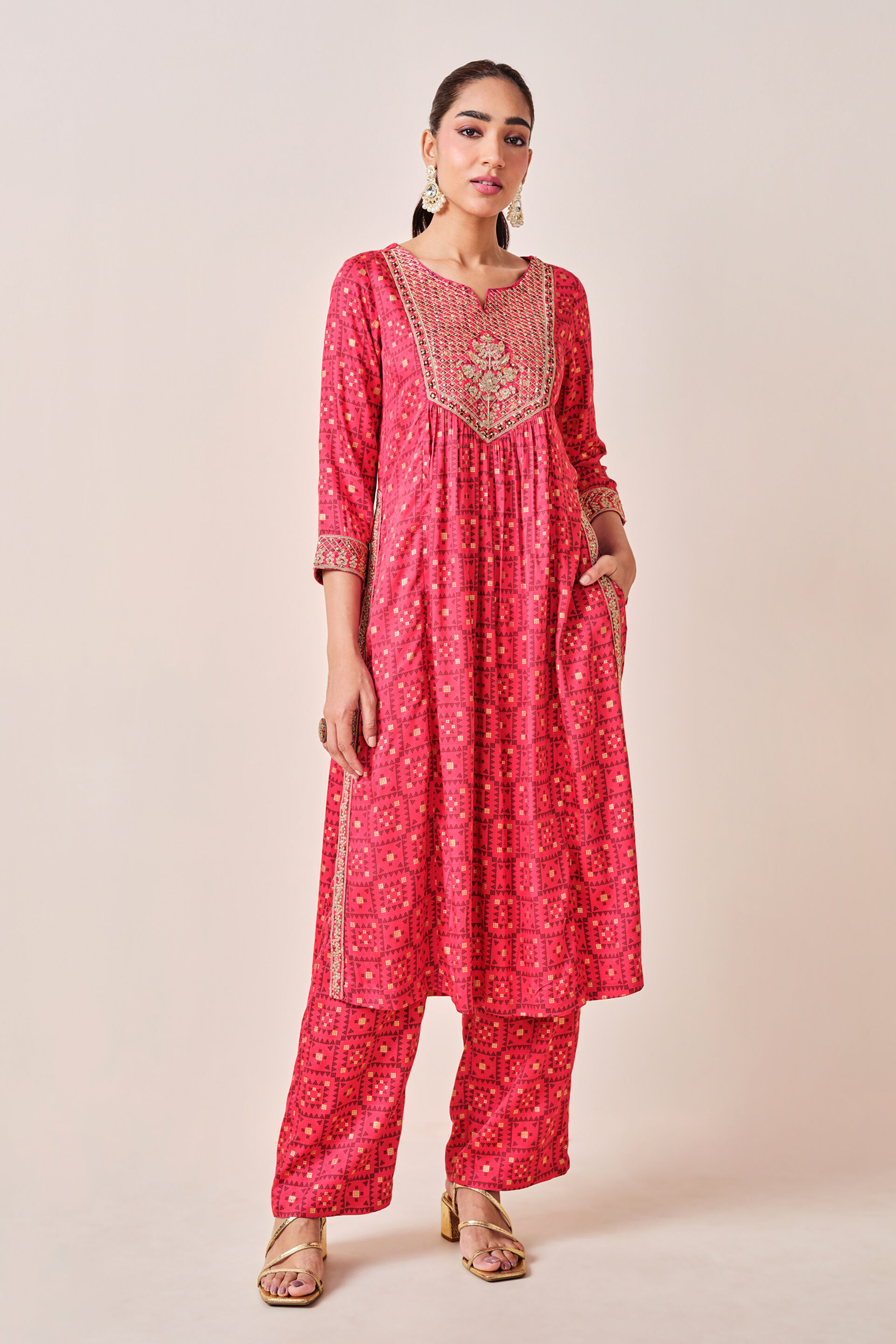 Red India-Inspired Print Viscose Kurta Set, Red, image 7