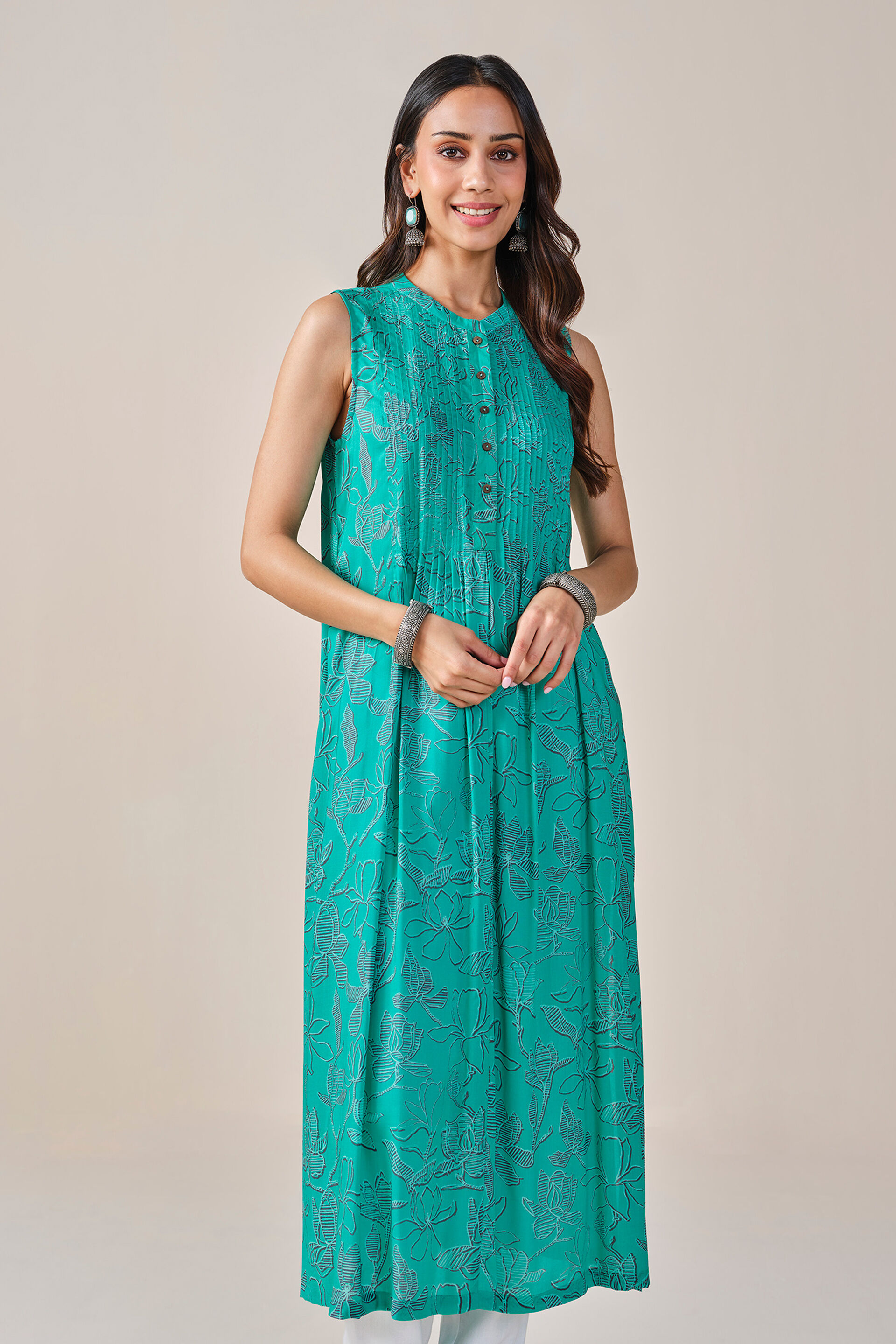 Floral Print Viscose Kurta, Mint, image 3