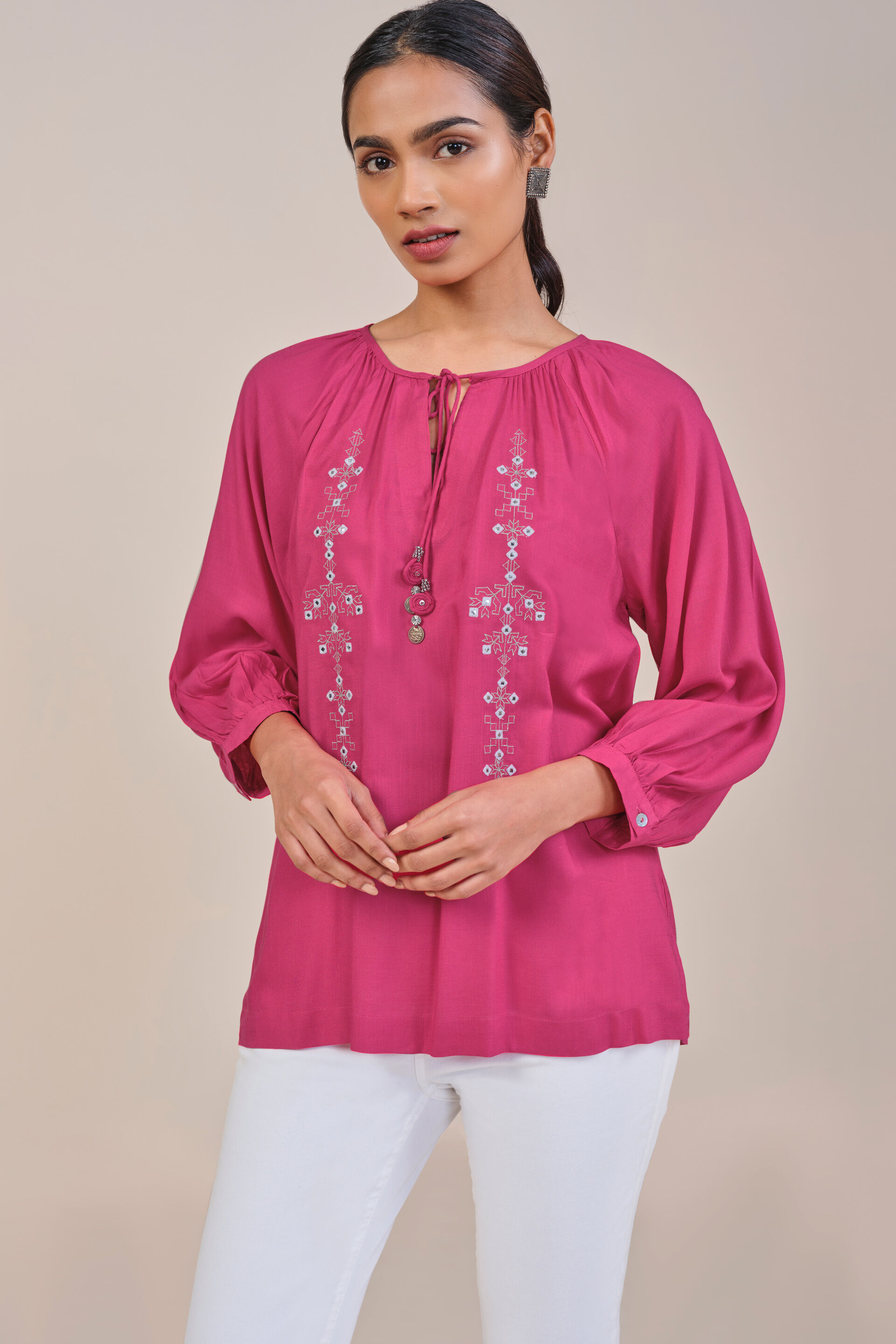 Pink Embroidered Tie Up Top, Pink, image 2