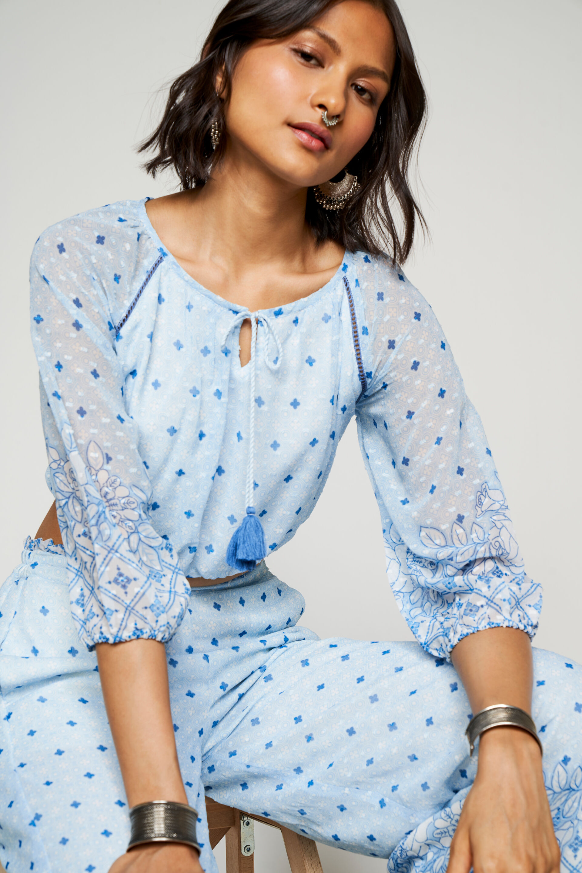 Light Blue Geometric Lace Cropped Set, Light Blue, image 5